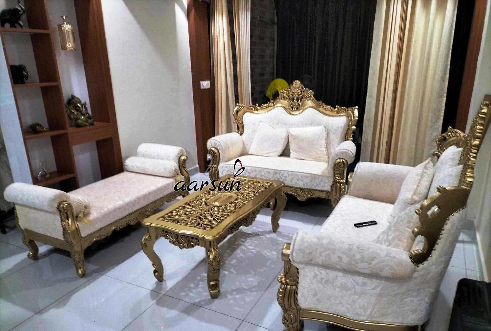 Elegant Gold Finish Sofa Set in Teak Wood view 3