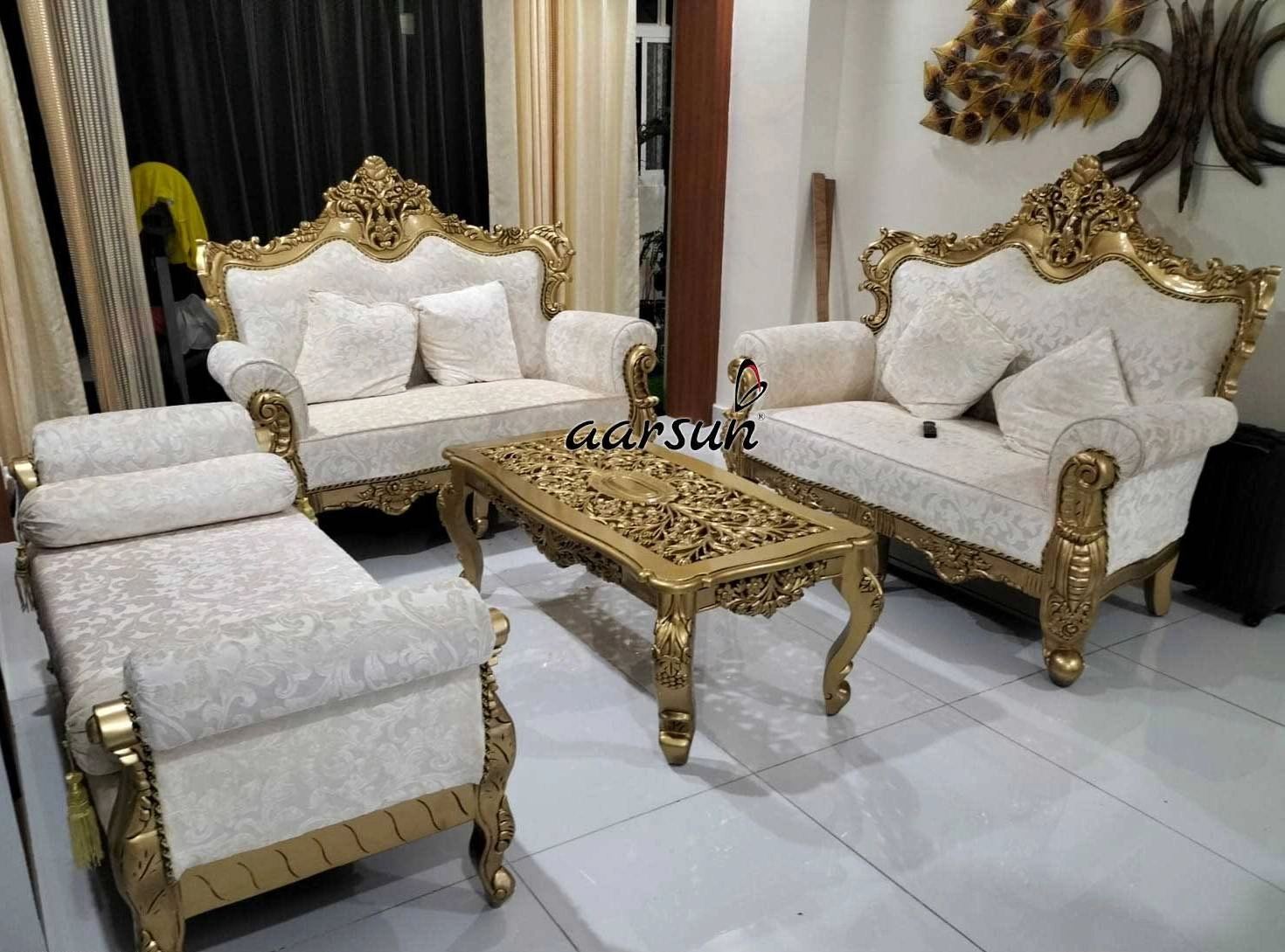 Elegant Gold Finish Sofa Set in Teak Wood view 5