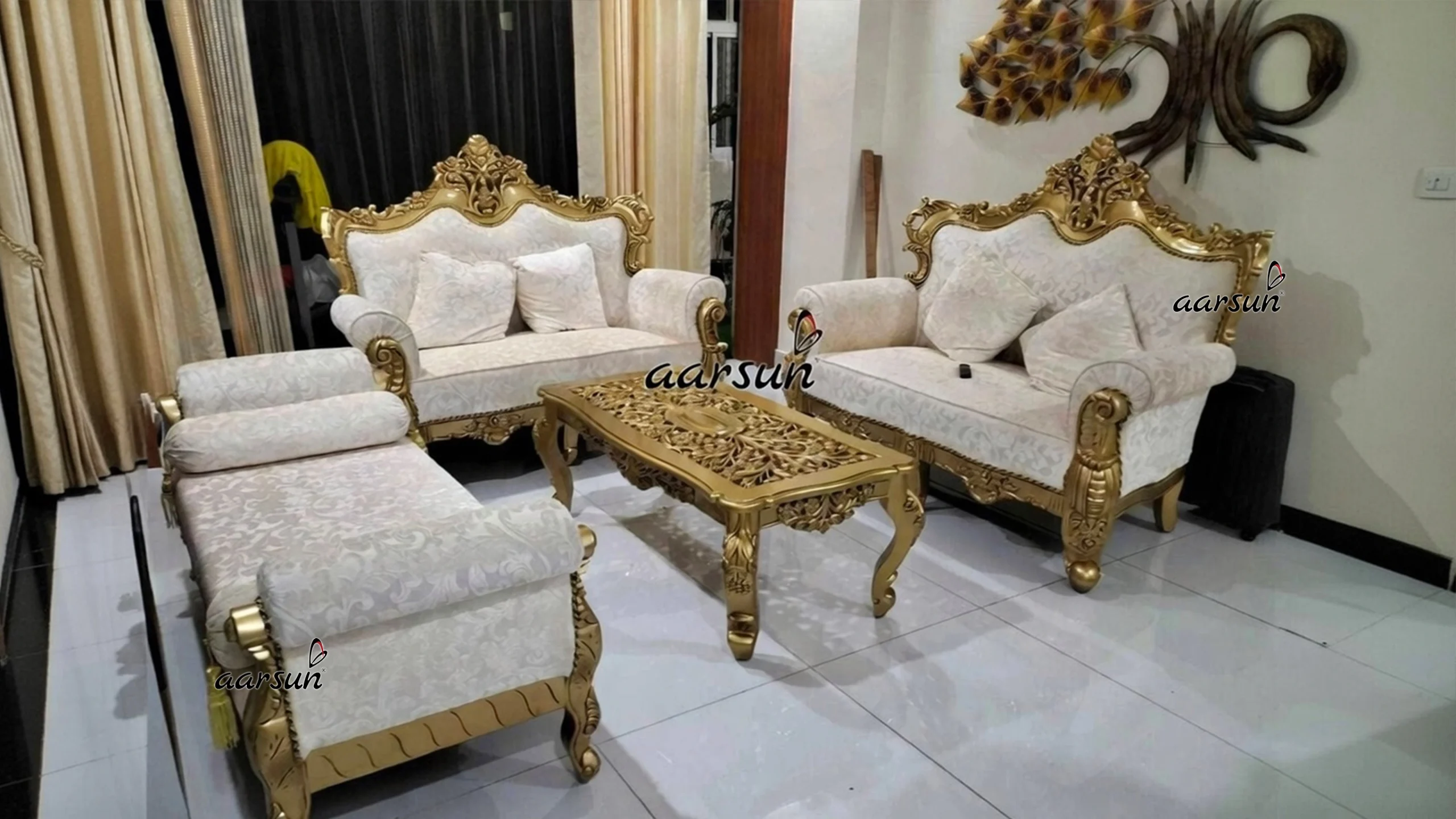 Elegant Gold Finish Sofa Set in Teak Wood