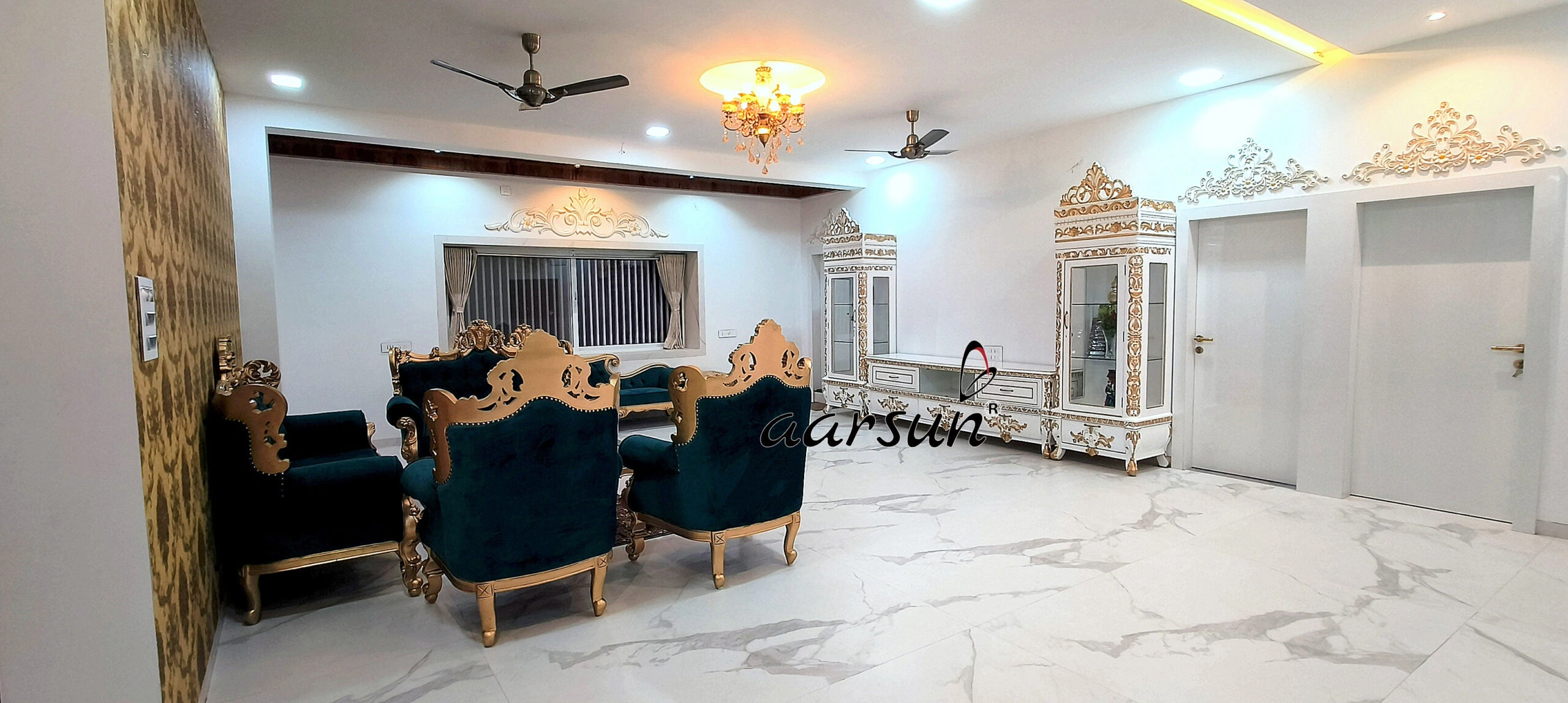 Equisite Royal Wooden Sofa Set with Velvet Upholstery view 3