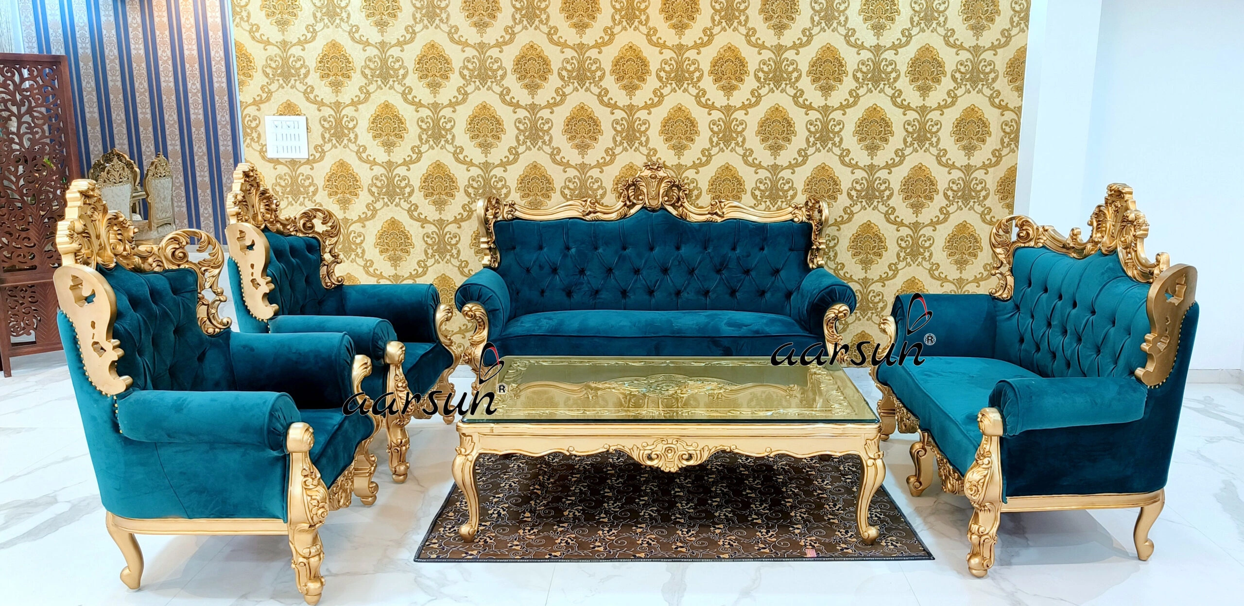 Equisite Royal Wooden Sofa Set with Velvet Upholstery view 6