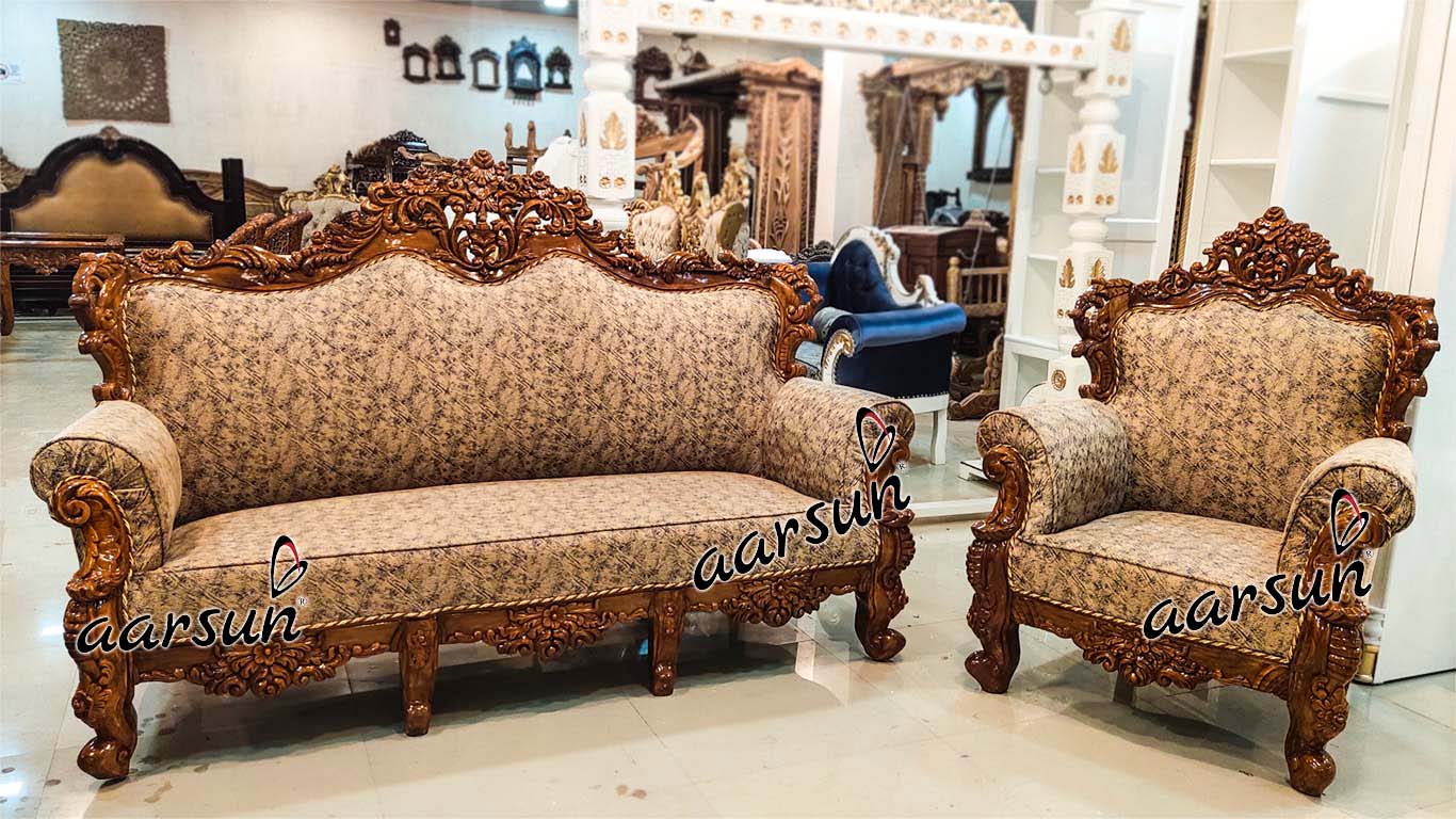 Handcrafted Wooden 5 Seater Sofa Suede Fabric view 3