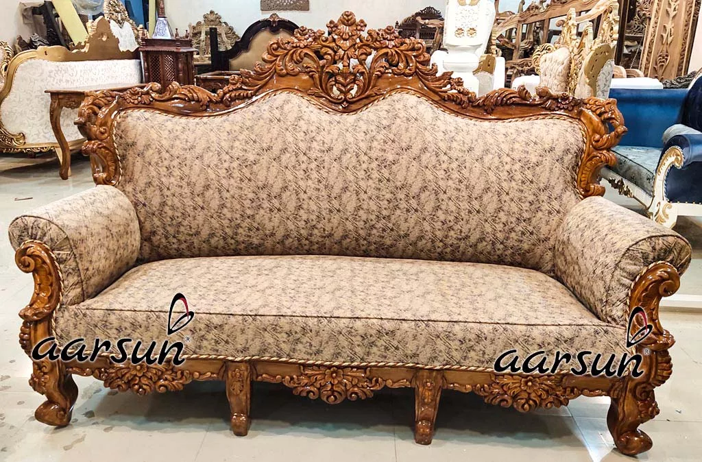 Handcrafted Wooden 5 Seater Sofa Suede Fabric view 4