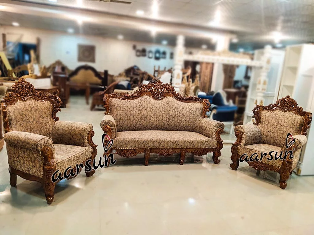 Handcrafted Wooden 5 Seater Sofa Suede Fabric view 6