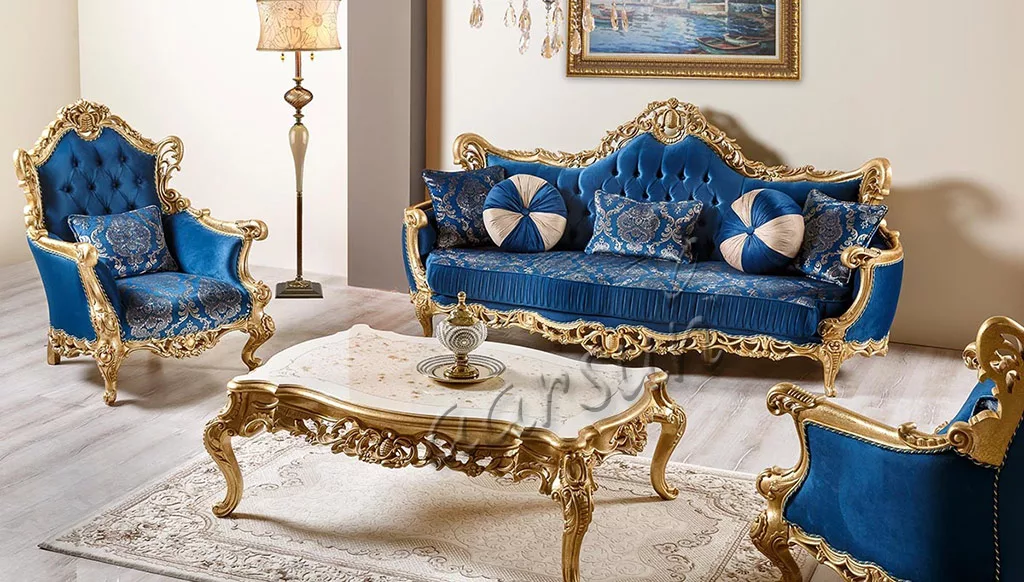 KingCrown Royal Blue Sofa Set with Center Table SF-0035