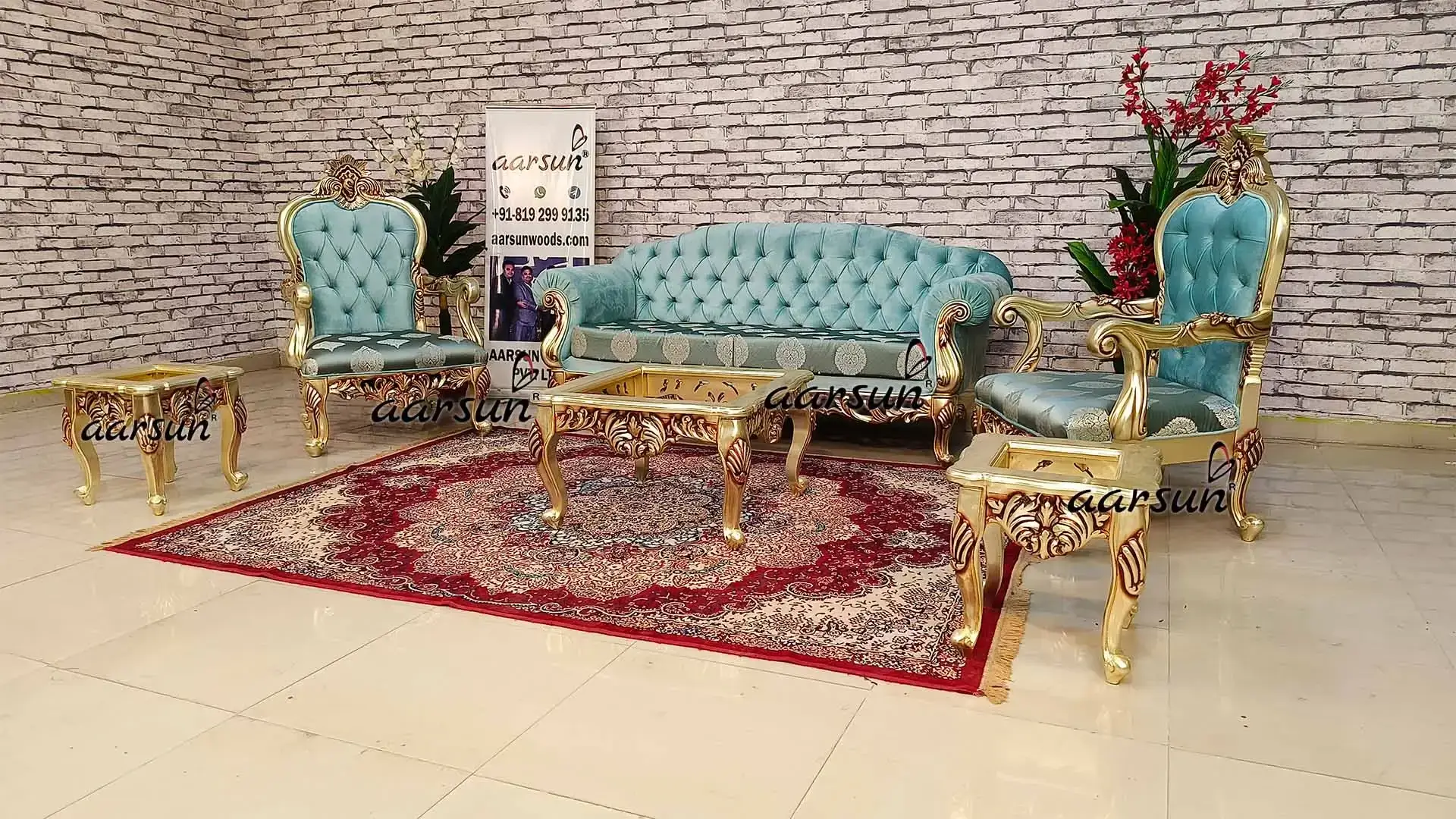 Luxurious Light Blue 5-Seater Sofa Set with Tufted Back and Gold Polish SKU: YT-811 view 3