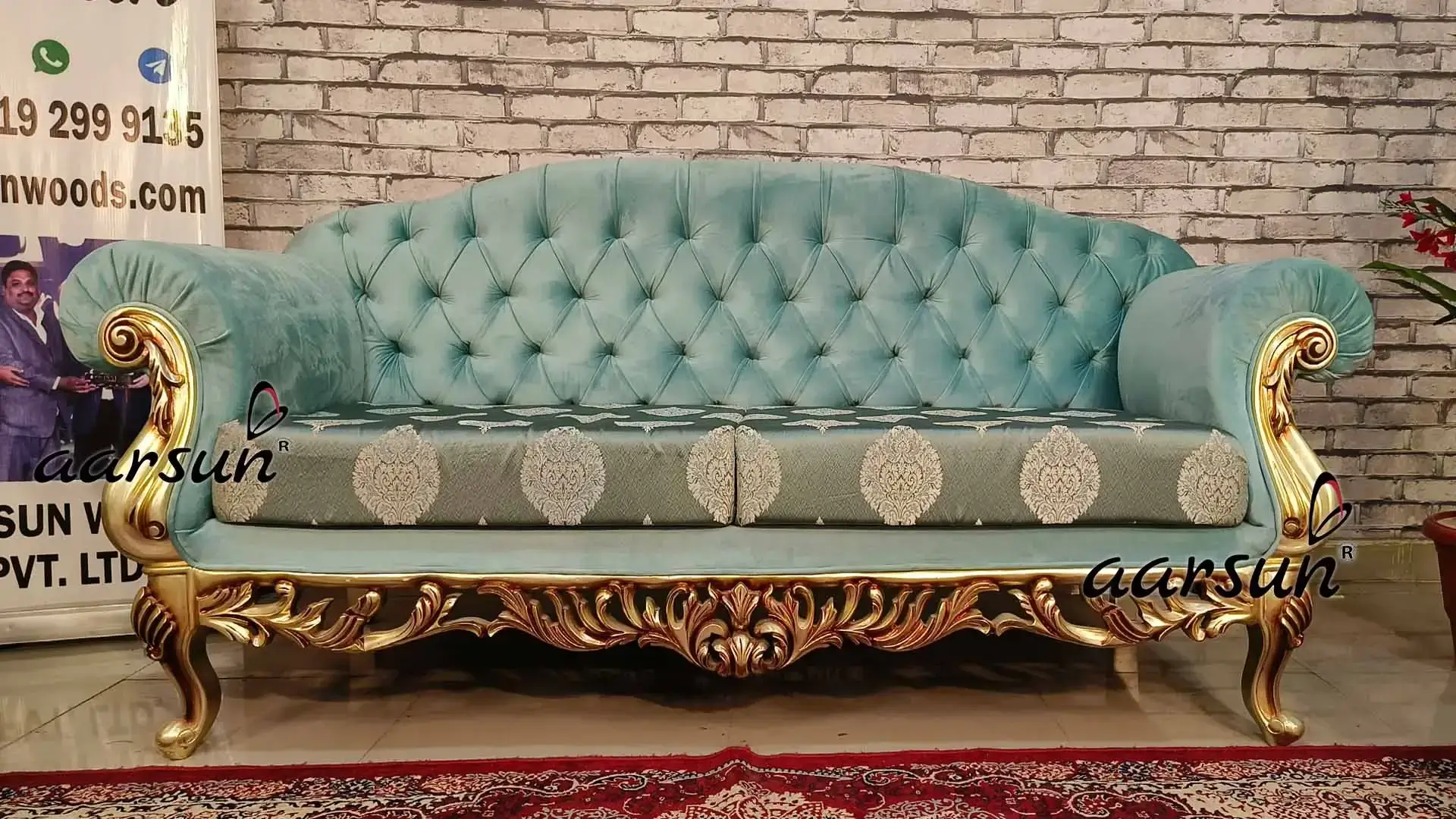 Luxurious Light Blue 5-Seater Sofa Set with Tufted Back and Gold Polish SKU: YT-811 view 4