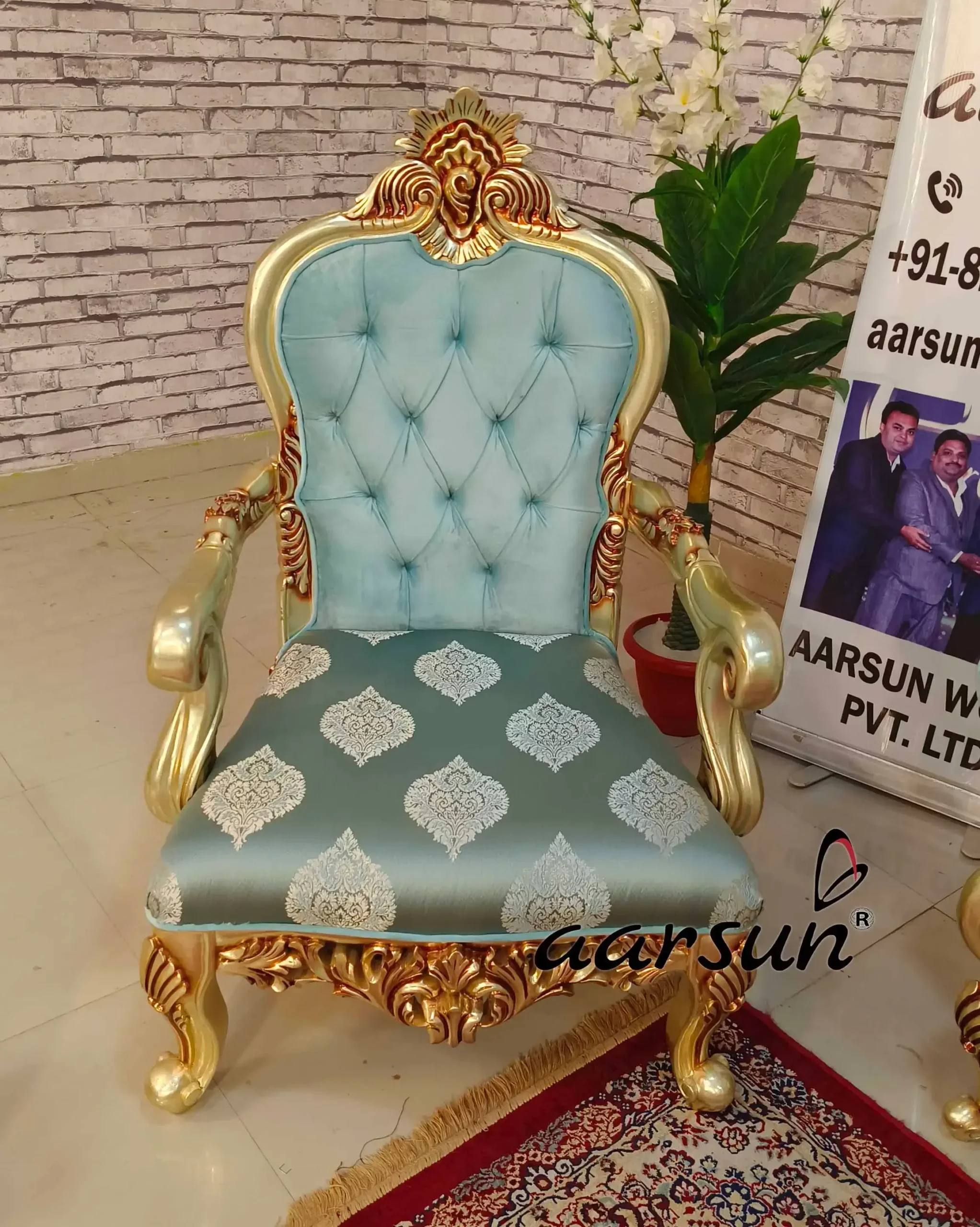 Luxurious Light Blue 5-Seater Sofa Set with Tufted Back and Gold Polish SKU: YT-811 view 5