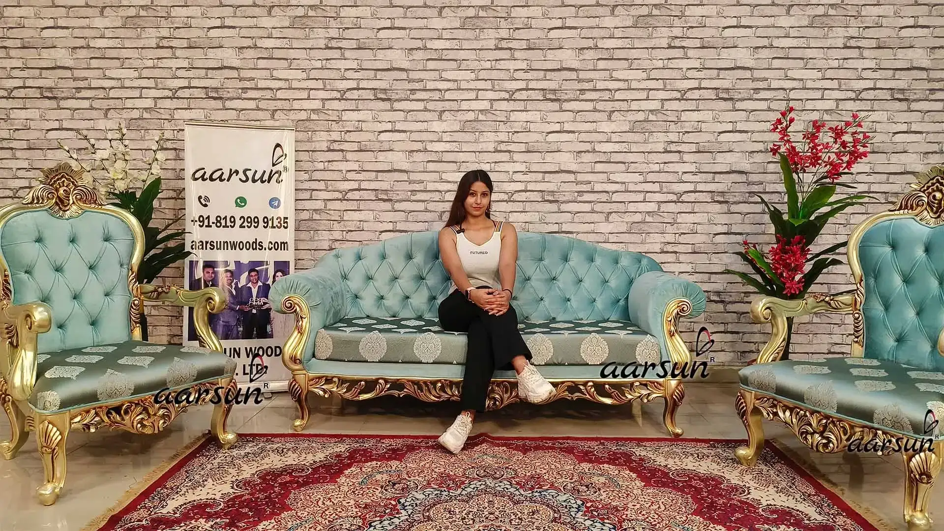 Luxurious Light Blue 5-Seater Sofa Set with Tufted Back and Gold Polish SKU: YT-811 view 6