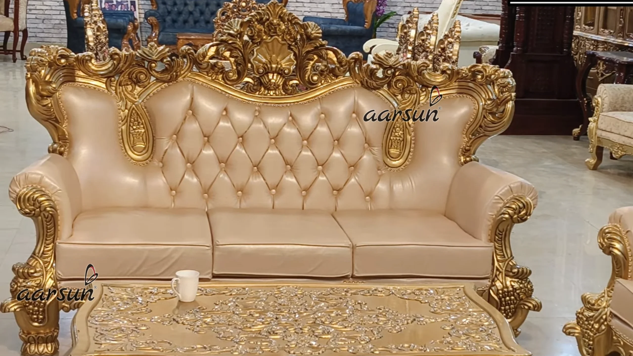 Luxury Elegance Heavy Wooden Handcrafted Carving Sofa Set view 4