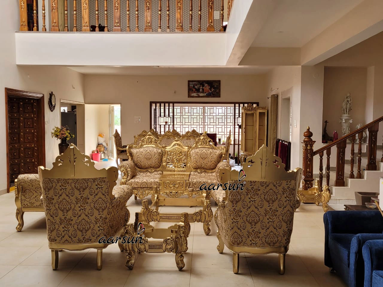 Majestic Wooden Sofa Set with Ornate Gold Finish view 3