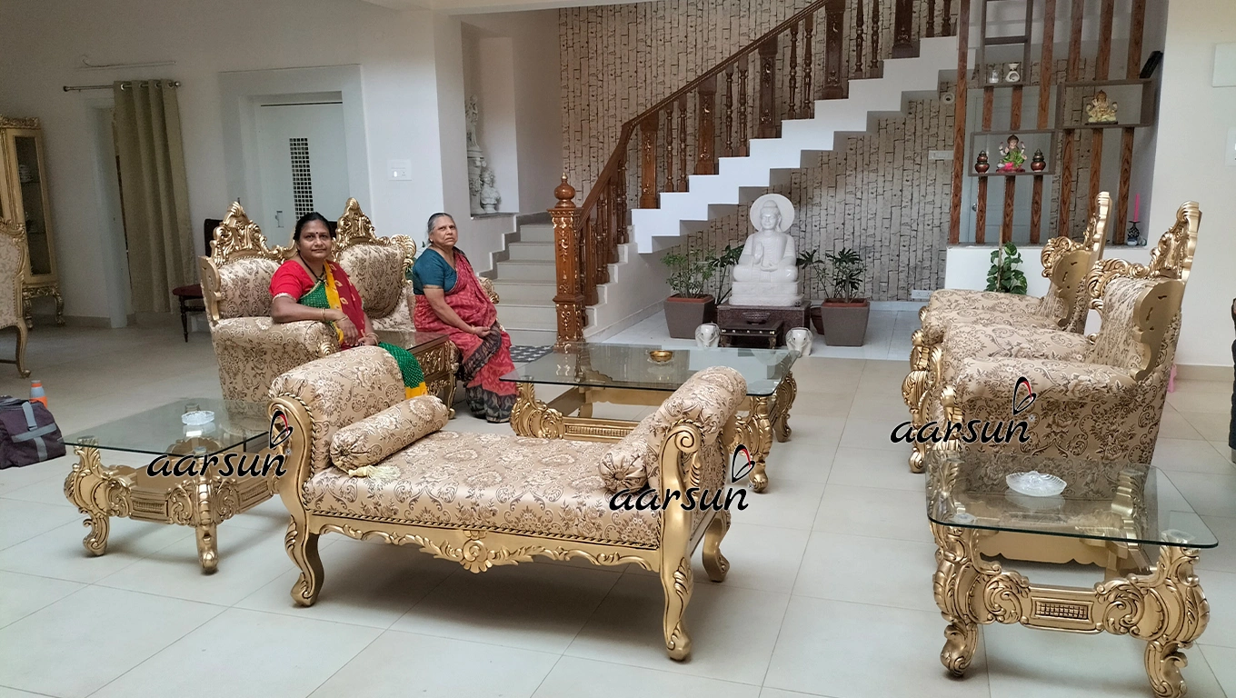 Majestic Wooden Sofa Set with Ornate Gold Finish view 4
