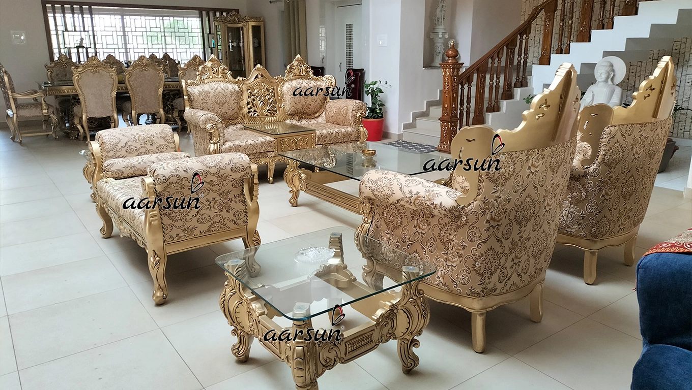 Majestic Wooden Sofa Set with Ornate Gold Finish view 5