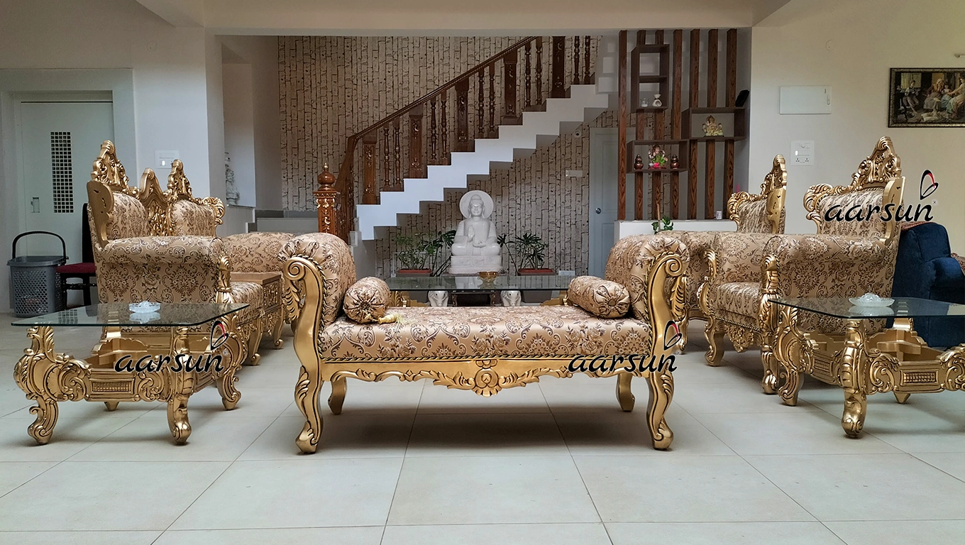 Majestic Wooden Sofa Set with Ornate Gold Finish view 6