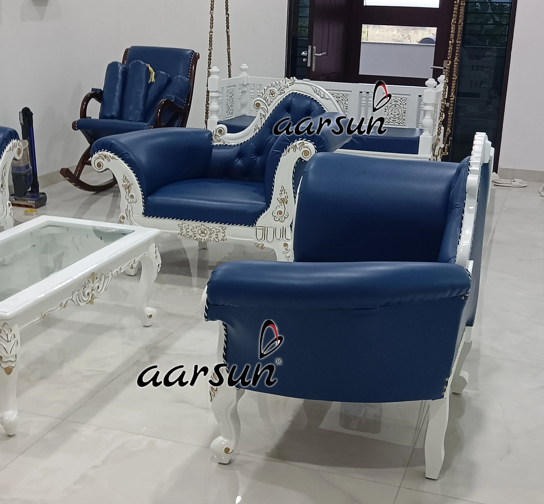 Modern Designer Wooden Sofa Set in Blue Upholstery & White Carving view 3