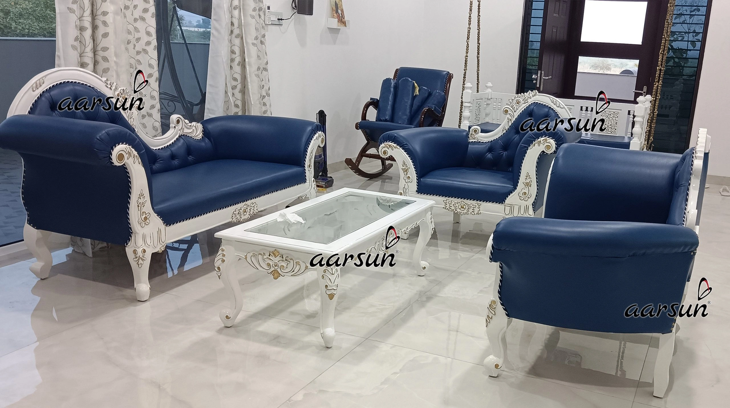 Modern Designer Wooden Sofa Set in Blue Upholstery & White Carving view 4