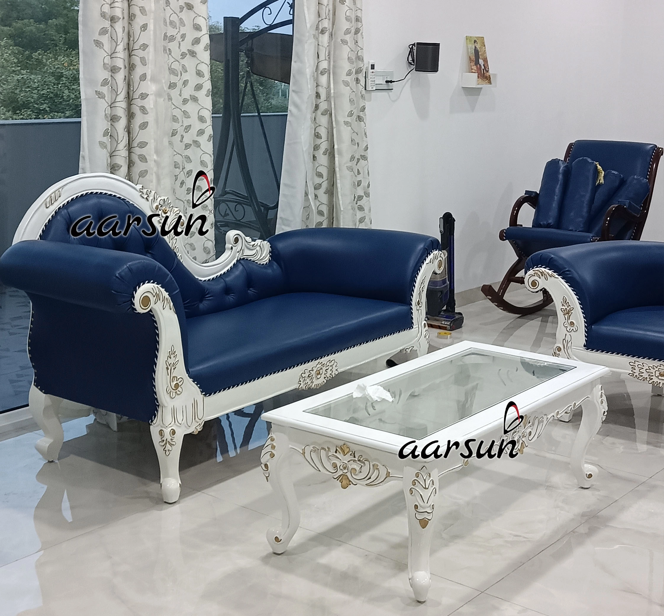 Modern Designer Wooden Sofa Set in Blue Upholstery & White Carving view 5