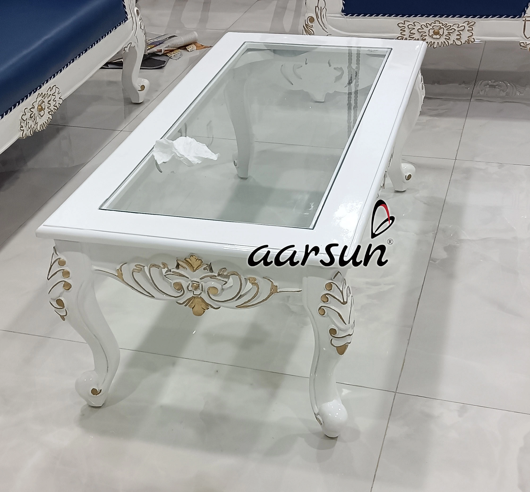 Modern Designer Wooden Sofa Set in Blue Upholstery & White Carving view 6