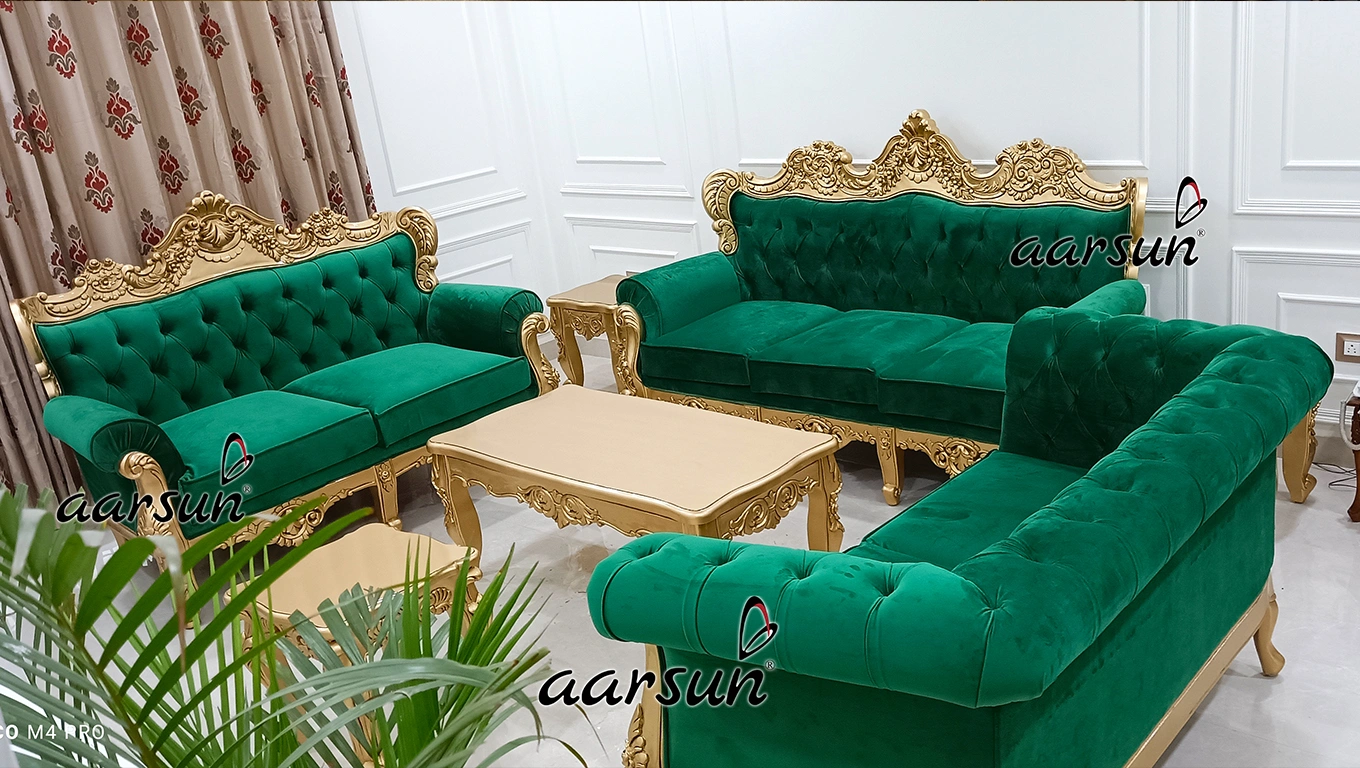 Modern Royal Wooden Sofa Set with Green Velvet and Gold Finish YT-775 view 3