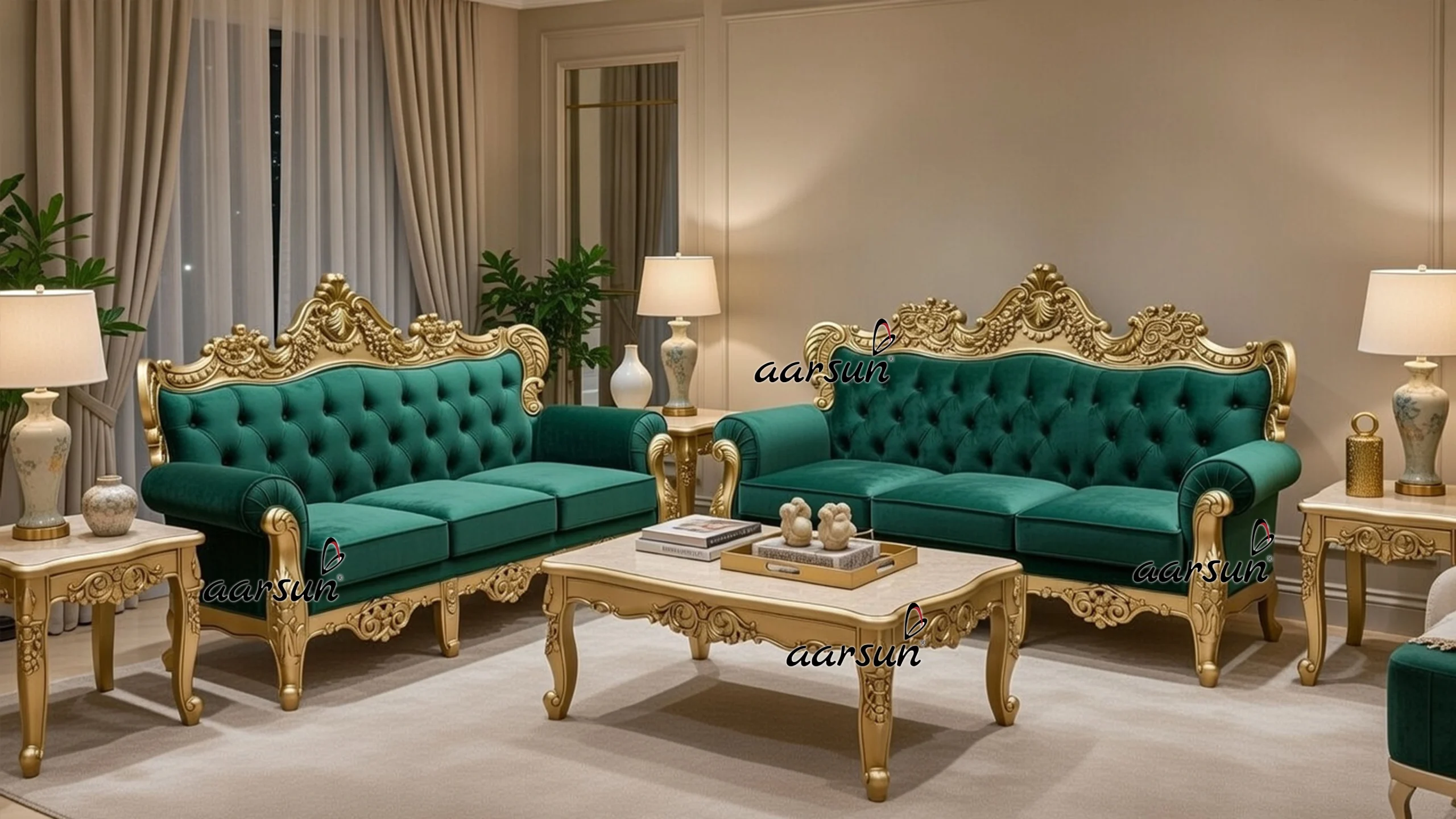 Modern Royal Wooden Sofa Set with Green Velvet and Gold Finish YT-775 view 4