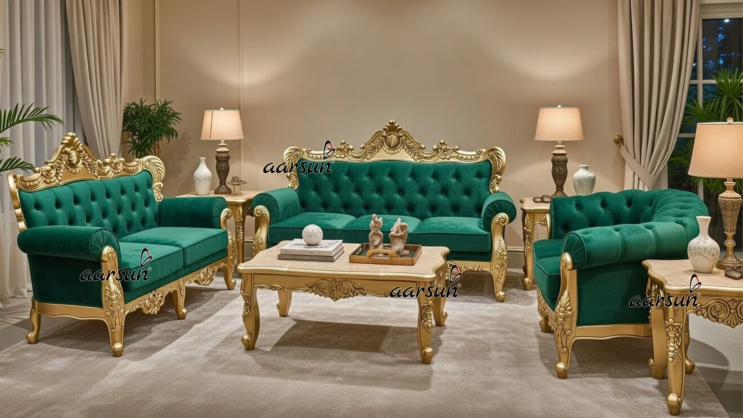 Modern Royal Wooden Sofa Set with Green Velvet and Gold Finish YT-775 view 5