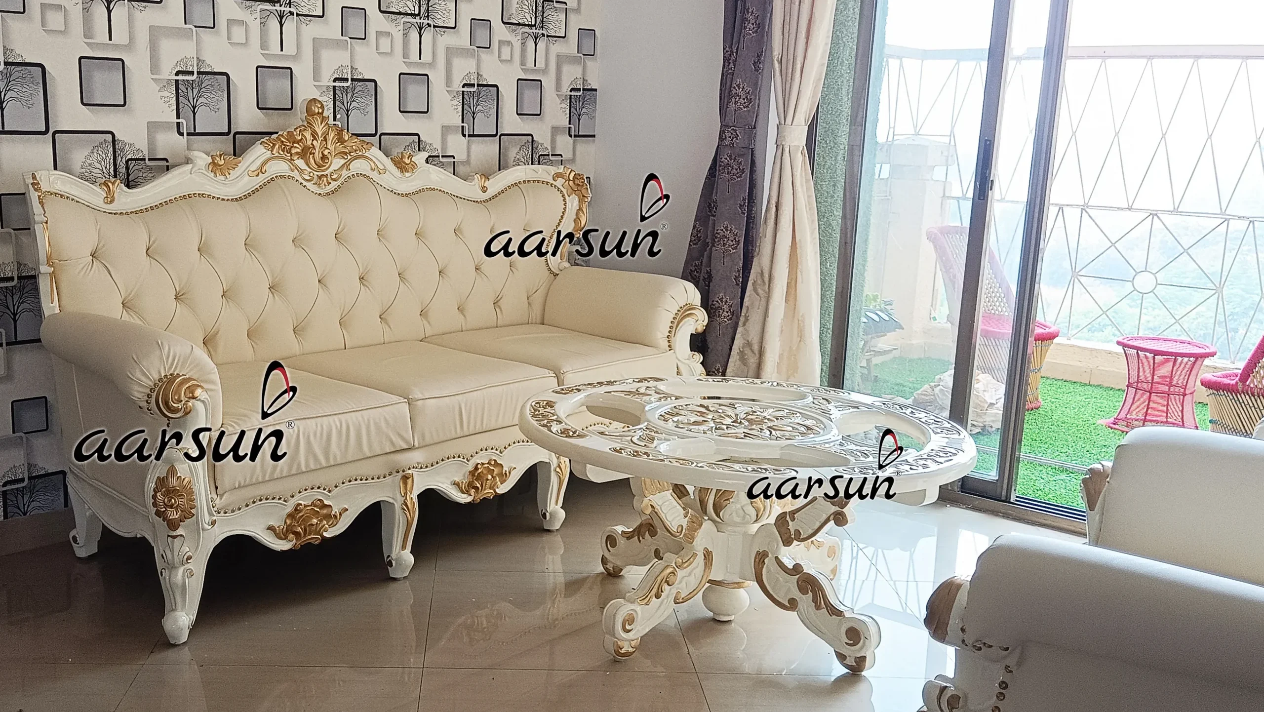 Modern Sofa design in White Gold Finish & Leatherette