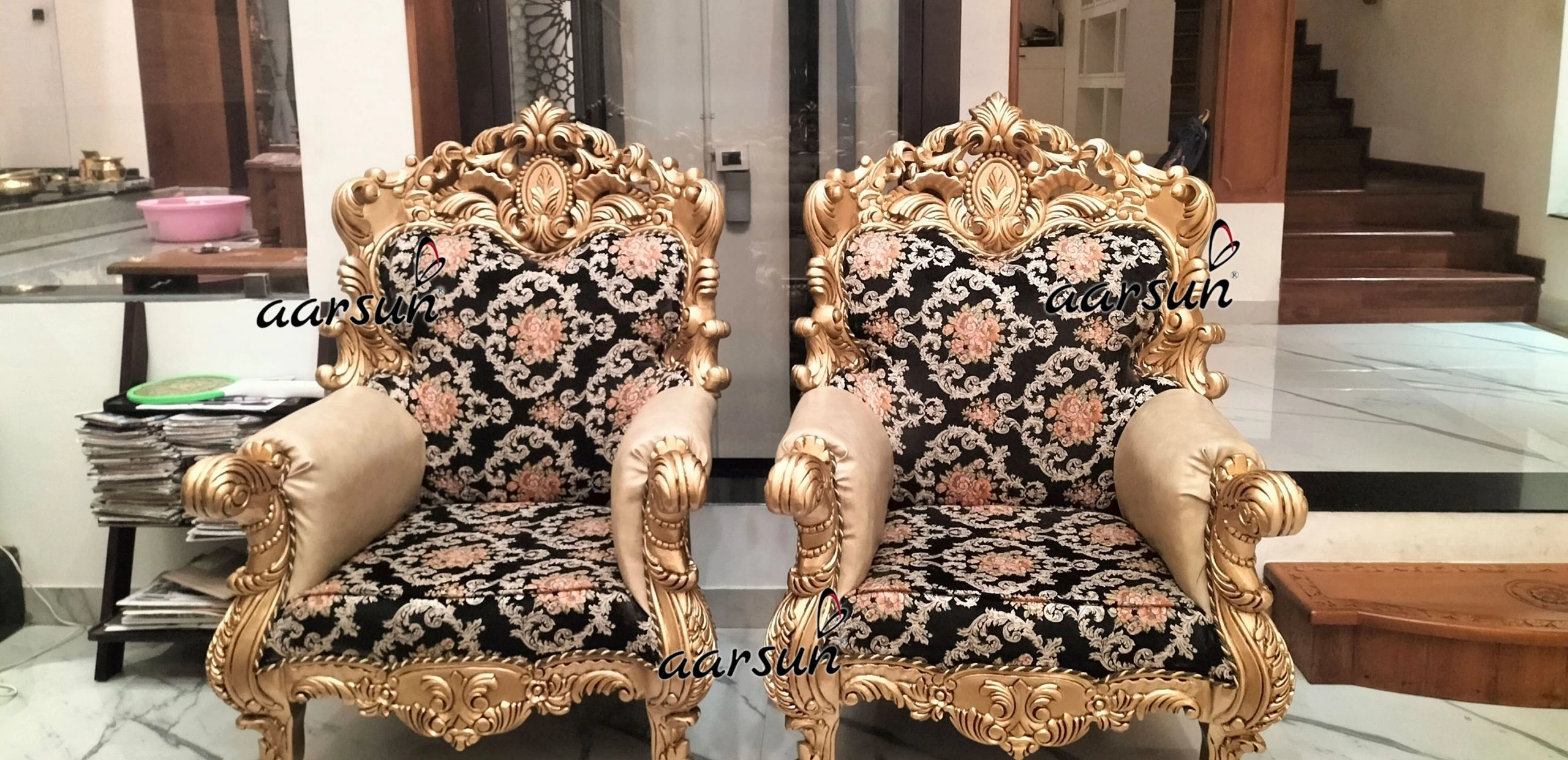 Premium Wooden Sofa Set with Ornate Carving for Living Room view 3