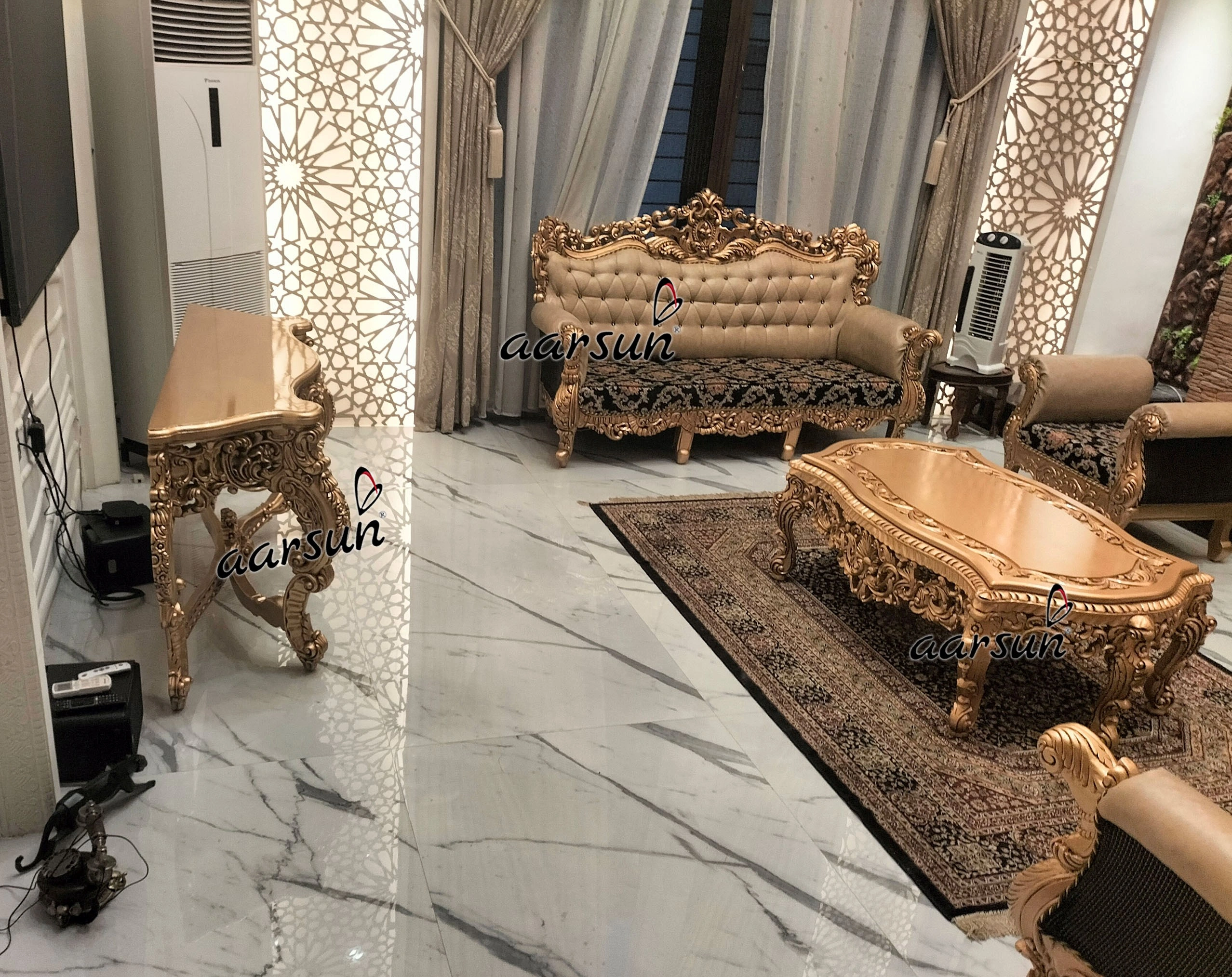 Premium Wooden Sofa Set with Ornate Carving for Living Room view 5