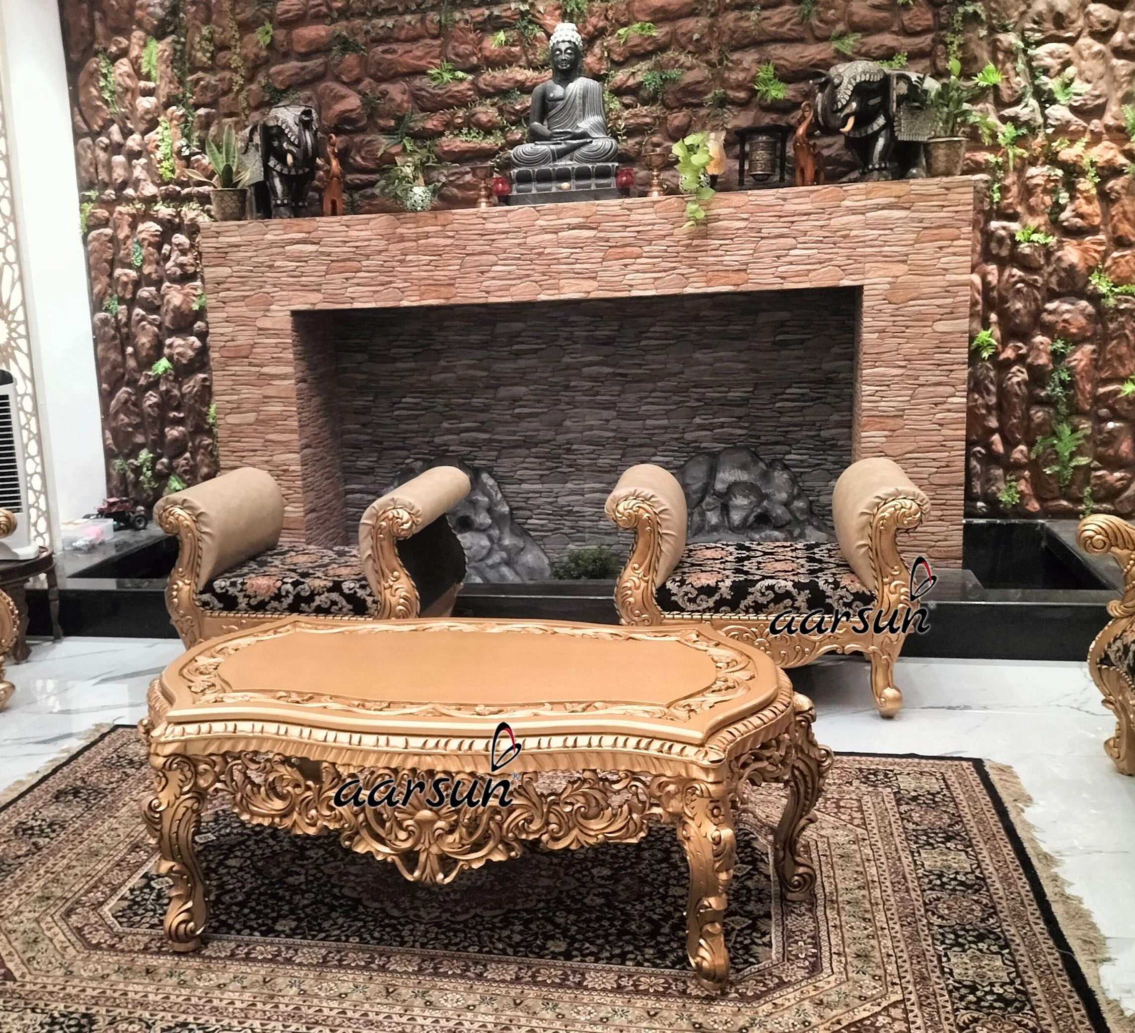 Premium Wooden Sofa Set with Ornate Carving for Living Room view 6