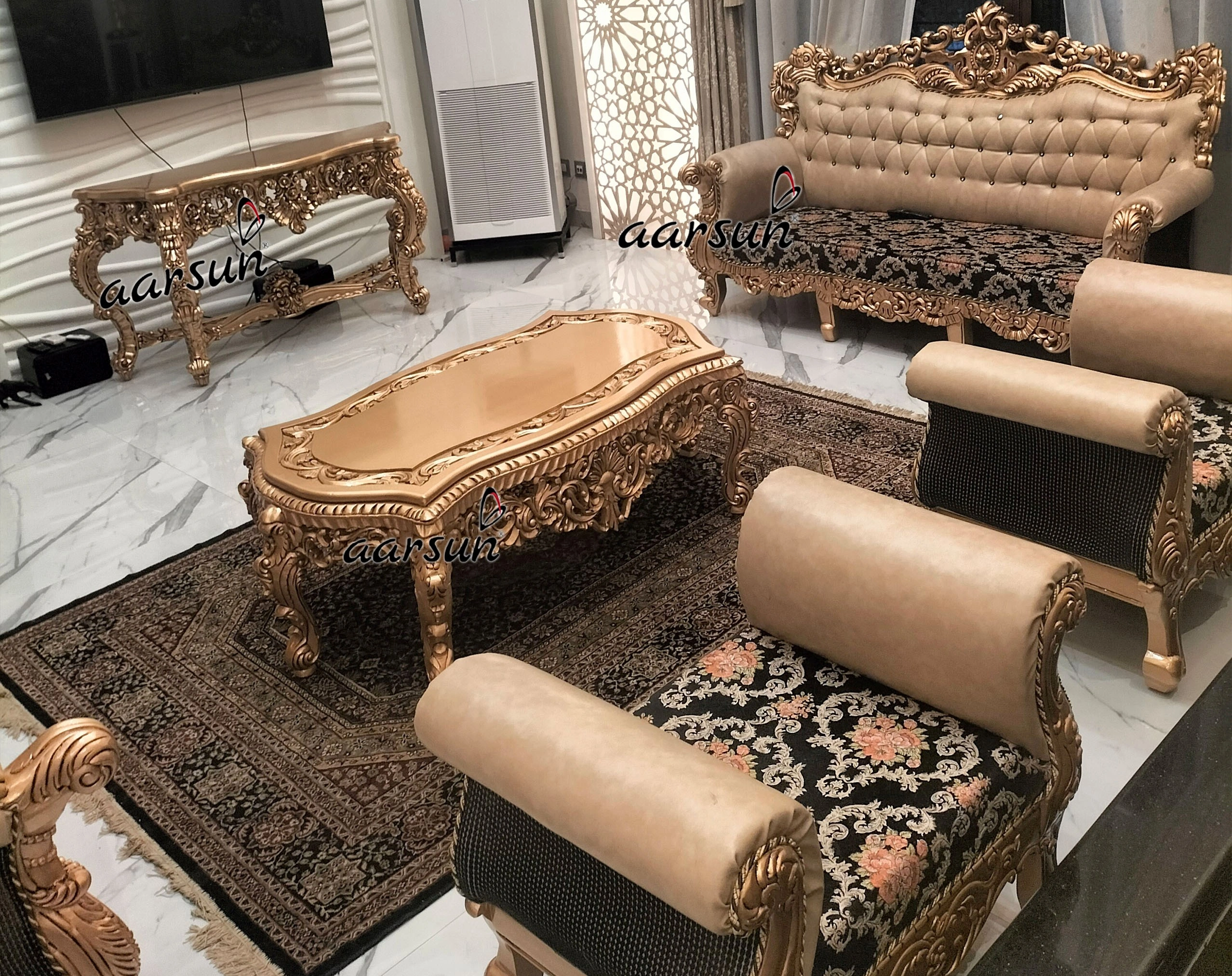 Premium Wooden Sofa Set with Ornate Carving for Living Room view 7