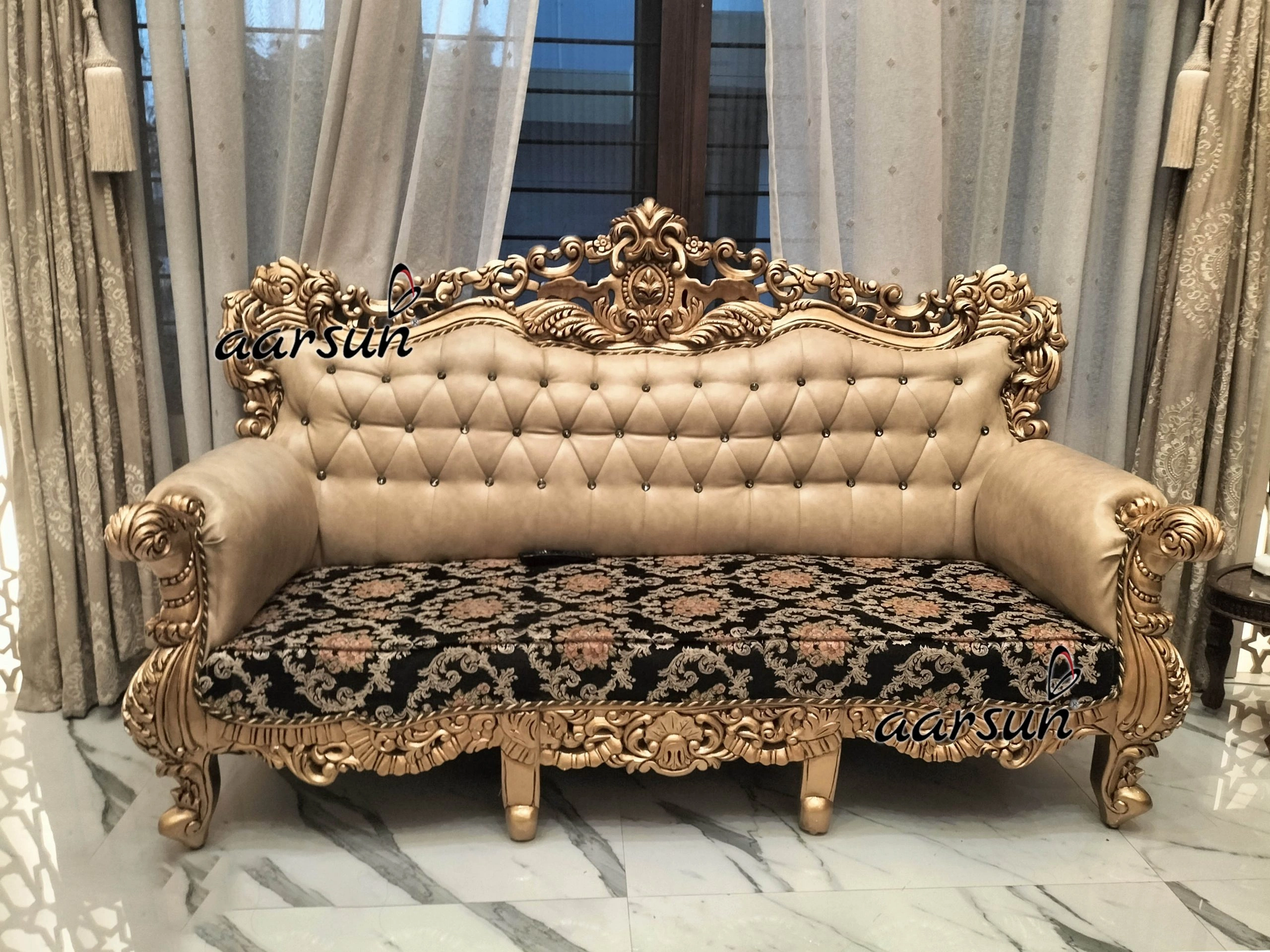 Premium Wooden Sofa Set with Ornate Carving for Living Room view 8
