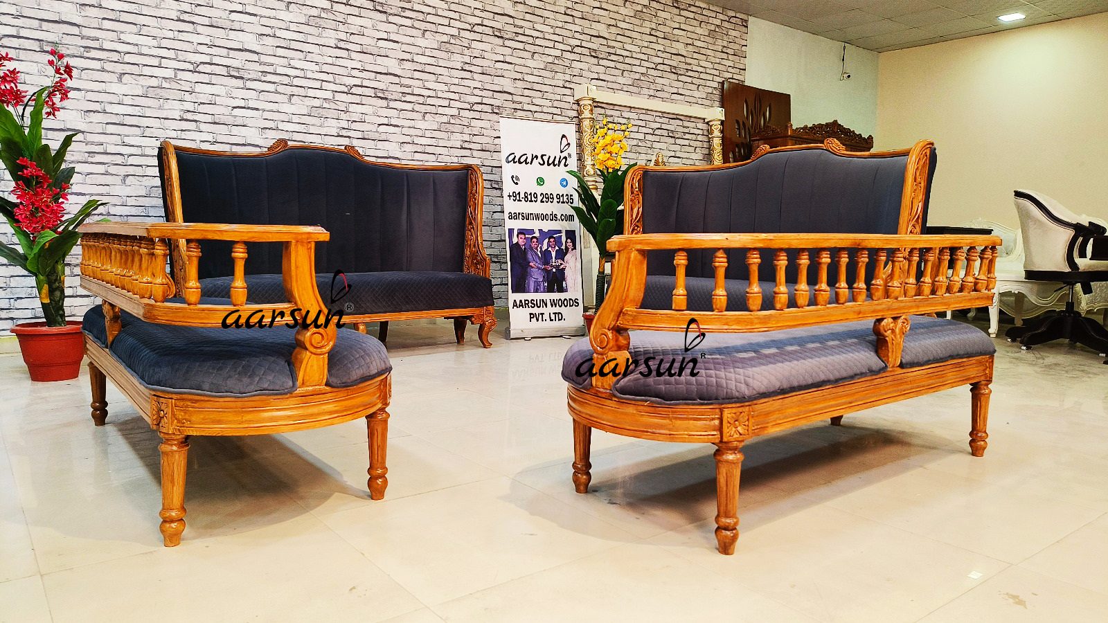 Red Oak Wood Sofa Set with Blue Fabric NT-027 view 3
