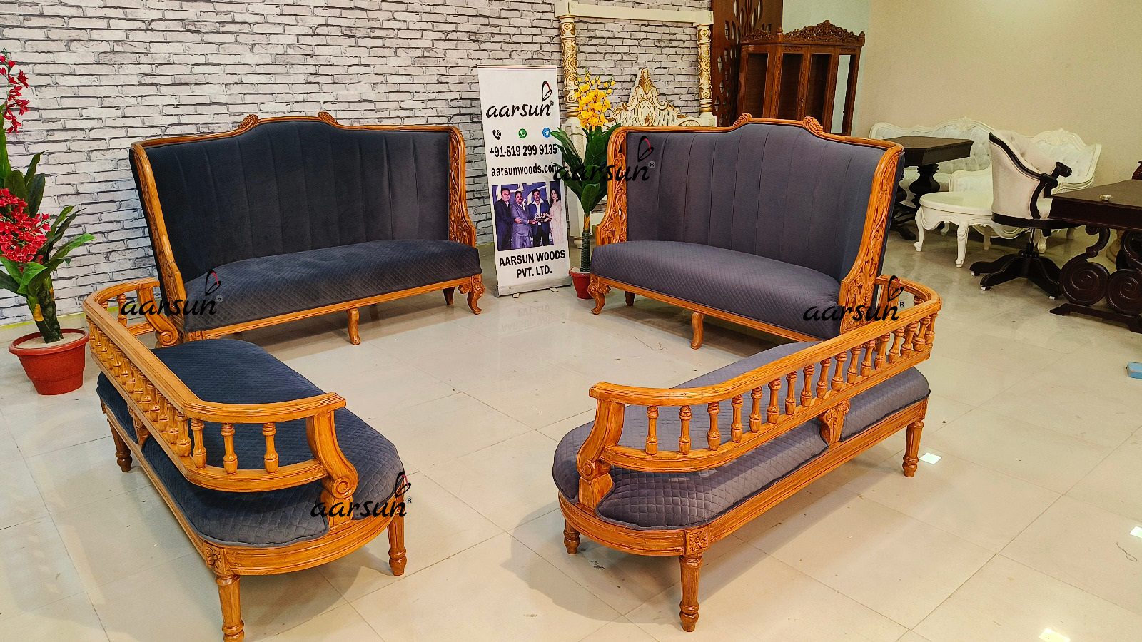 Red Oak Wood Sofa Set with Blue Fabric NT-027 view 4