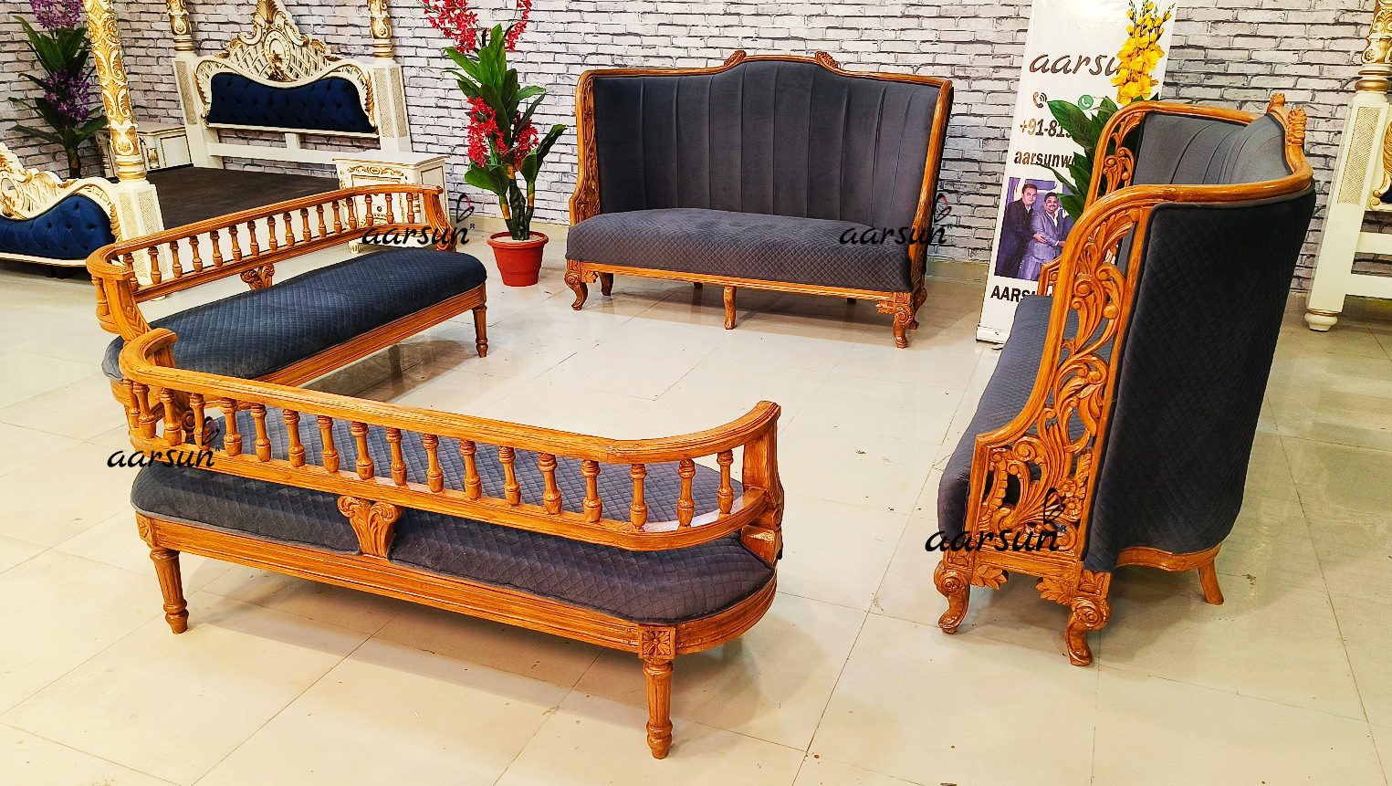 Red Oak Wood Sofa Set with Blue Fabric NT-027 view 5
