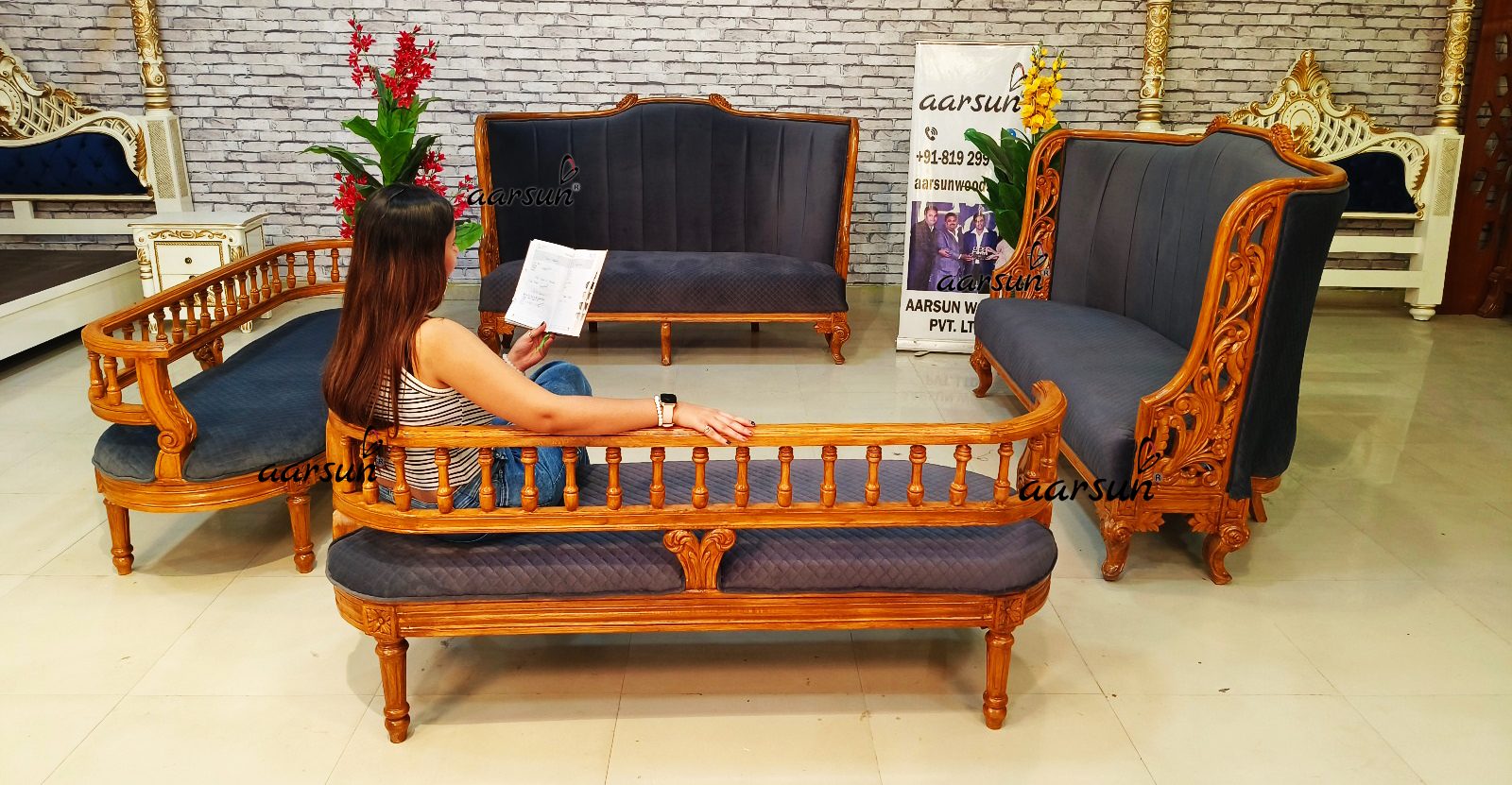 Red Oak Wood Sofa Set with Blue Fabric NT-027 view 6