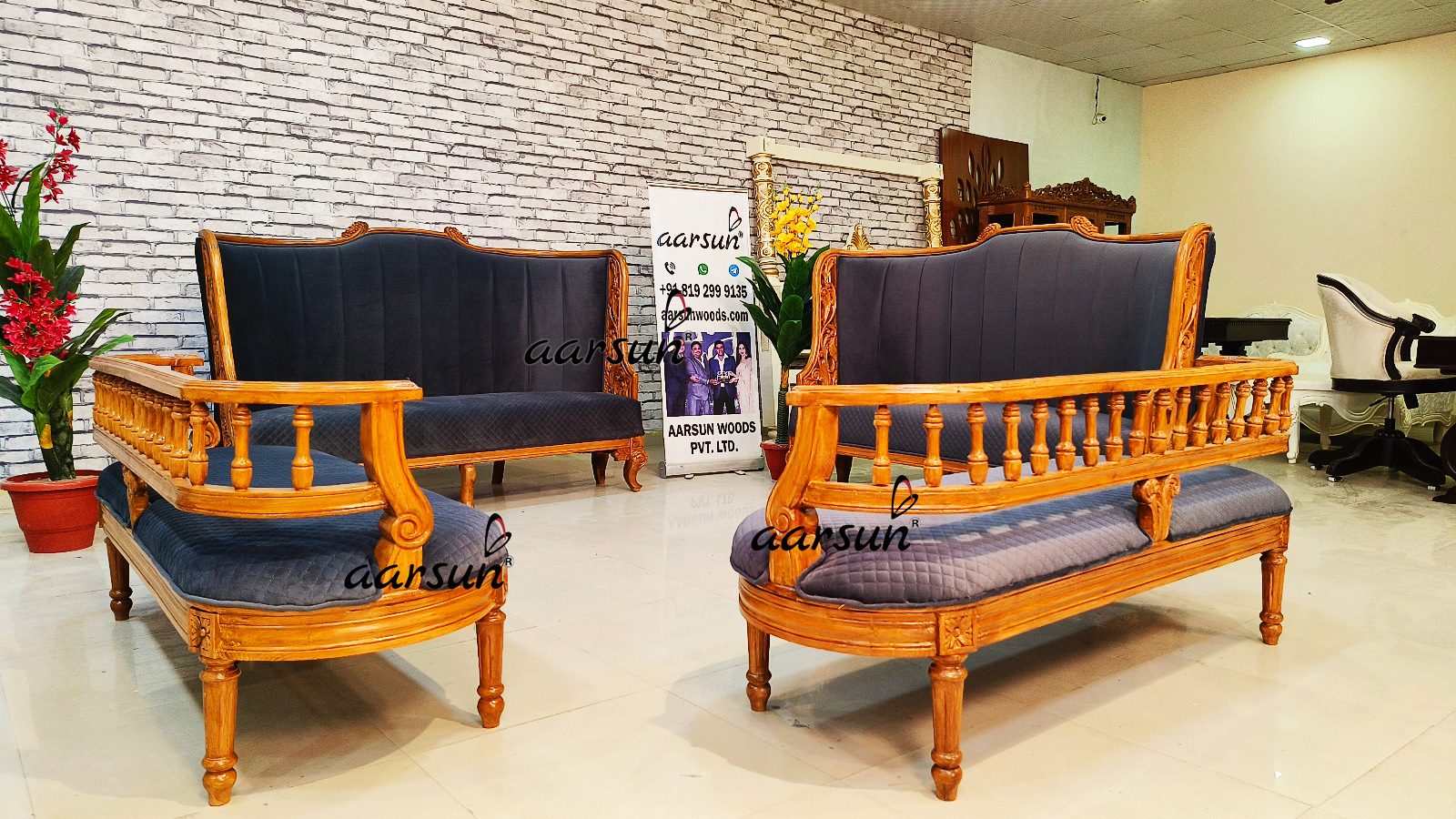 Red Oak Wood Sofa Set with Blue Fabric NT-027 view 7