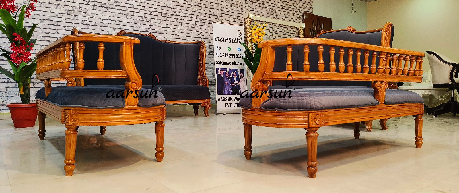 Red Oak Wood Sofa Set with Blue Fabric NT-027 view 8