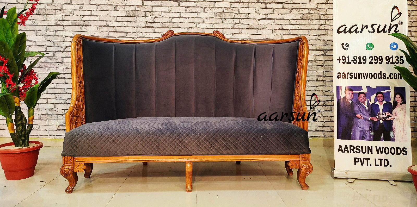 Red Oak Wood Sofa Set with Blue Fabric NT-027 view 9
