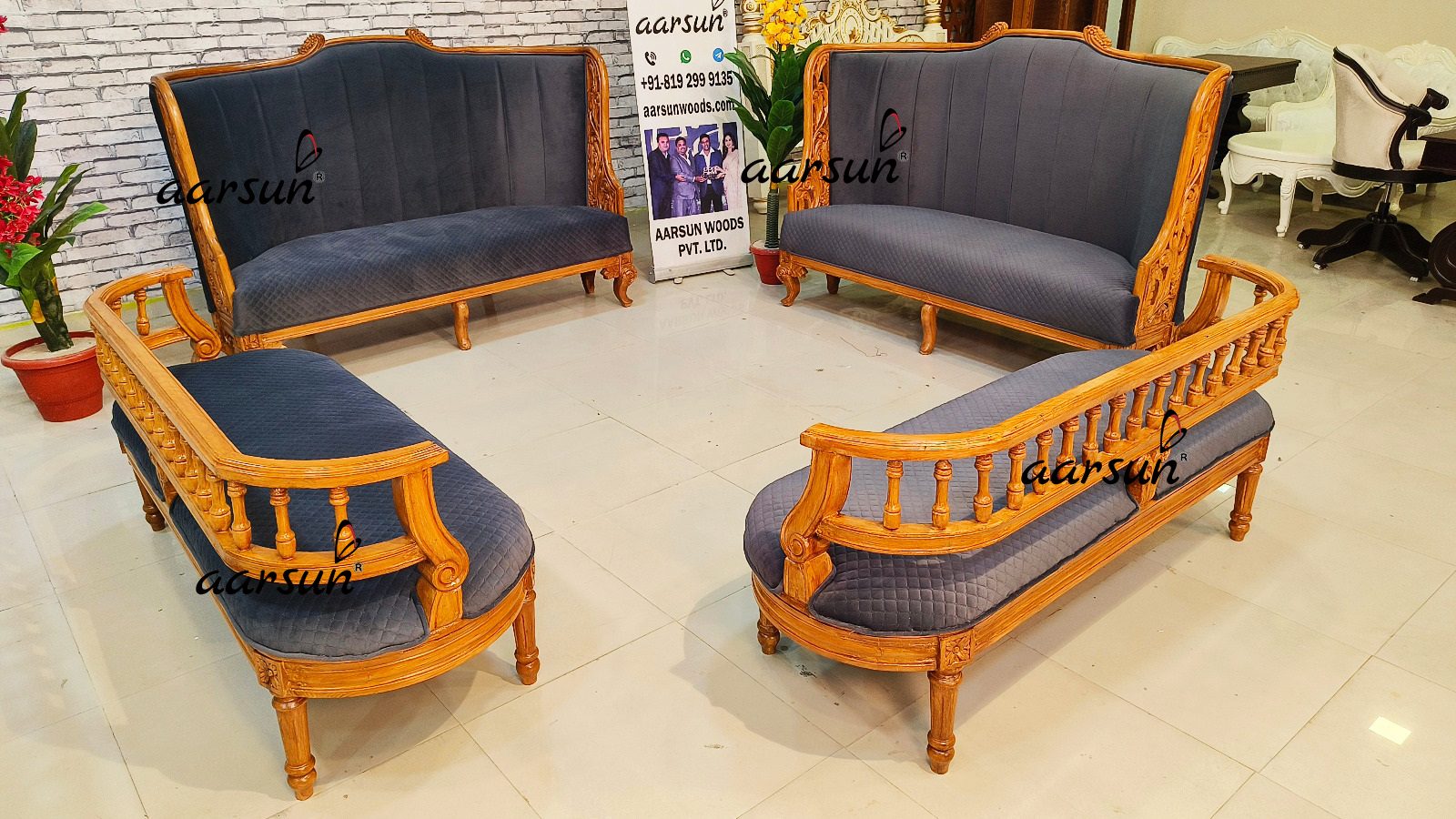 Red Oak Wood Sofa Set with Blue Fabric NT-027 view 10