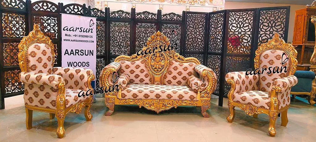 Royal Couch and Chair Set in Antique Gold Handcrafted by Skilled Artisans YT-438 view 7
