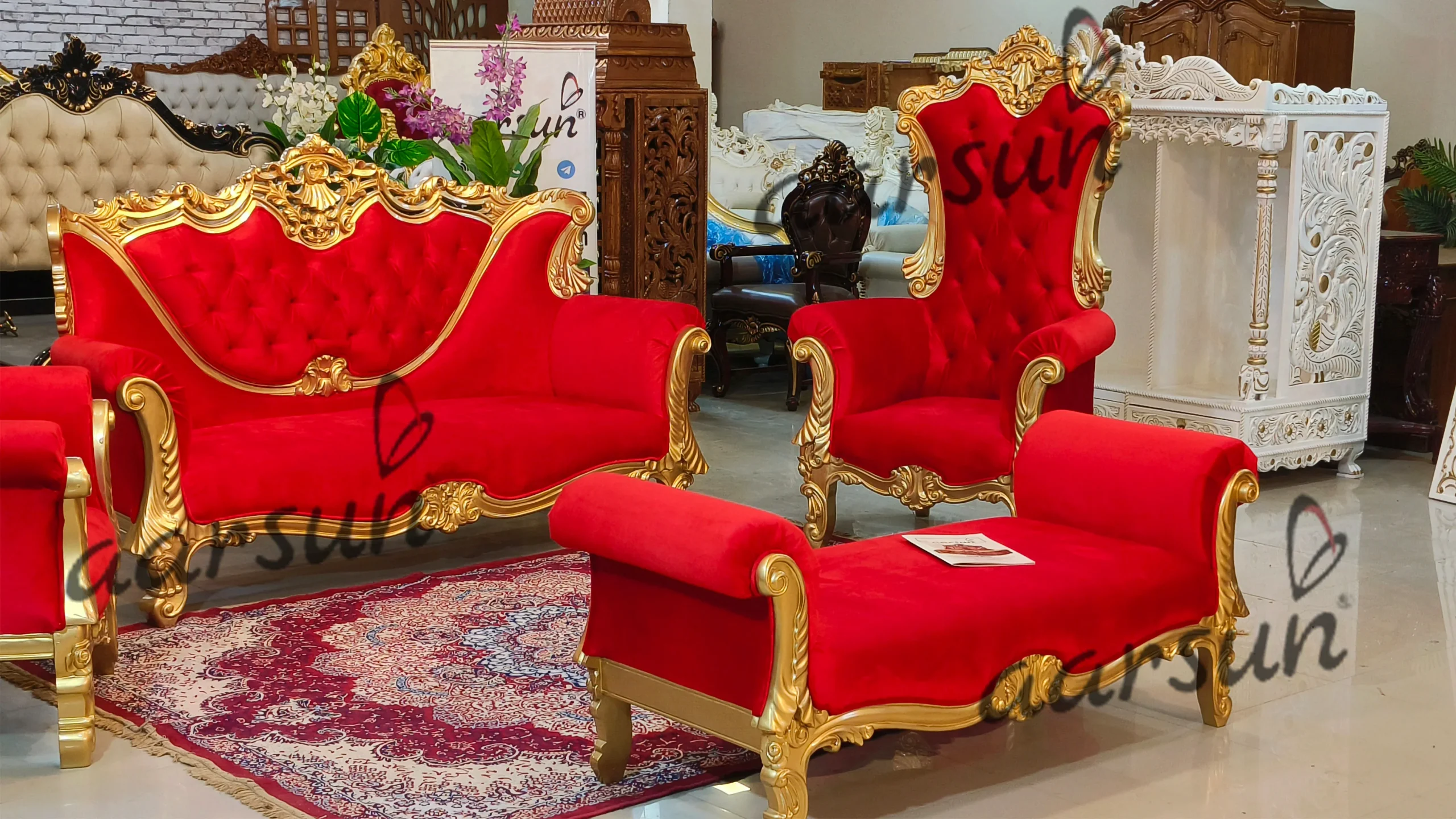 Royal Red Sofa Set in Teak Wood view 6