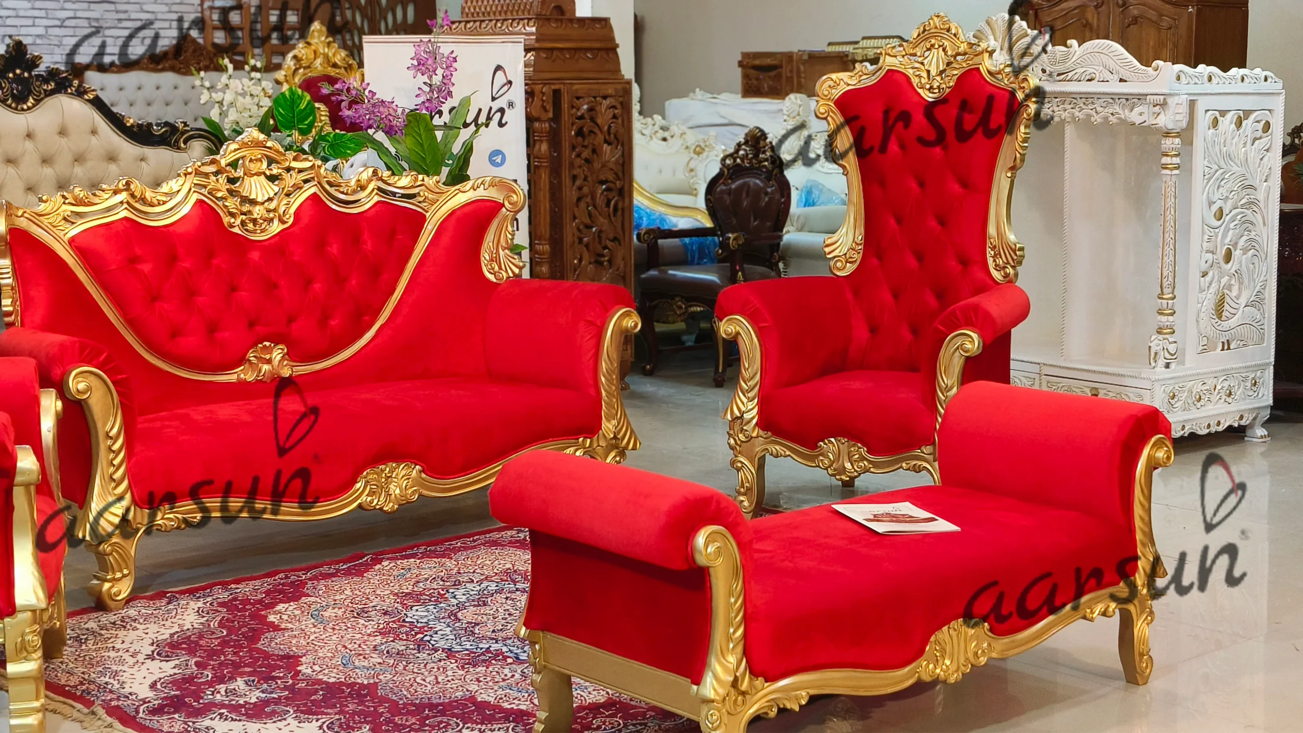 Royal Red Sofa Set in Teak Wood view 7