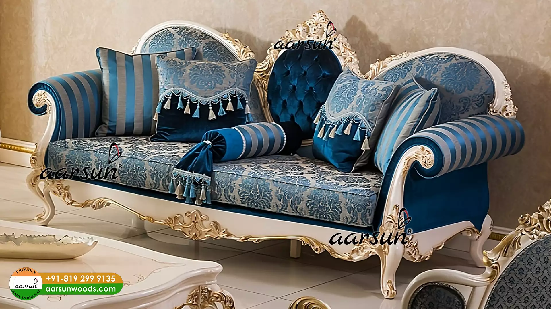 Royal White Finish Sofa Set with Golden Highlights view 3