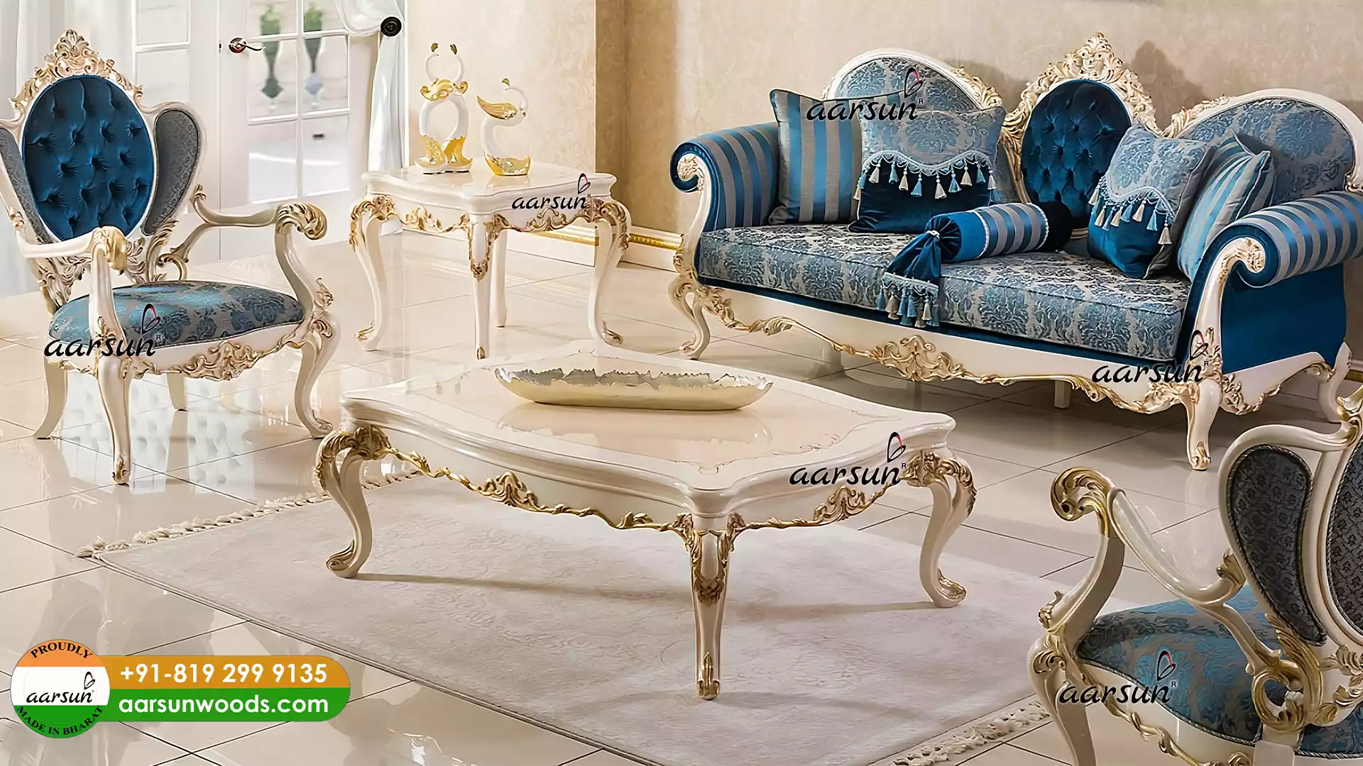 Royal White Finish Sofa Set with Golden Highlights view 5