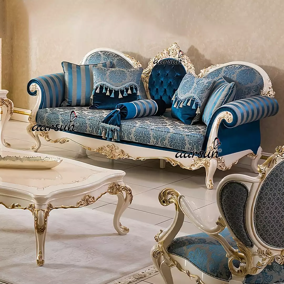 Royal White Finish Sofa Set with Golden Highlights