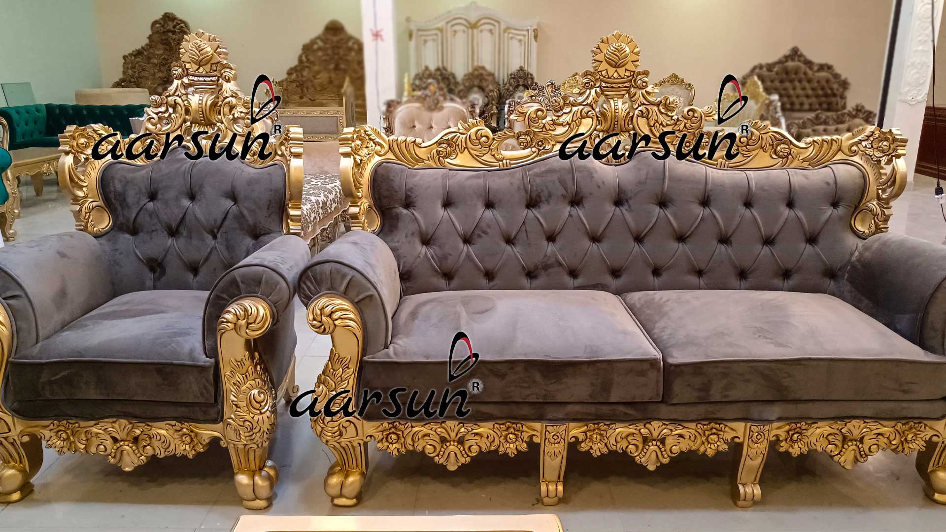 Sofa Ash Grey Fabric Gold Finish Best Price view 3