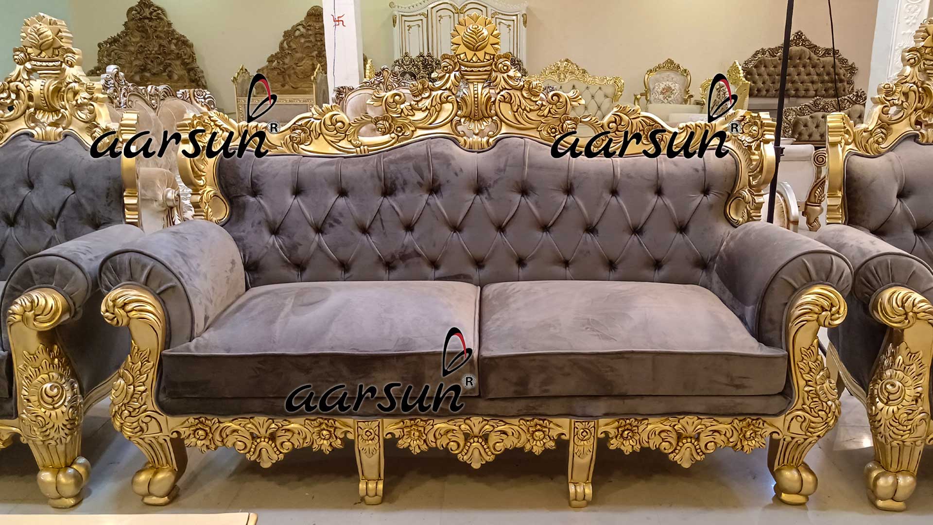 Sofa Ash Grey Fabric Gold Finish Best Price view 5