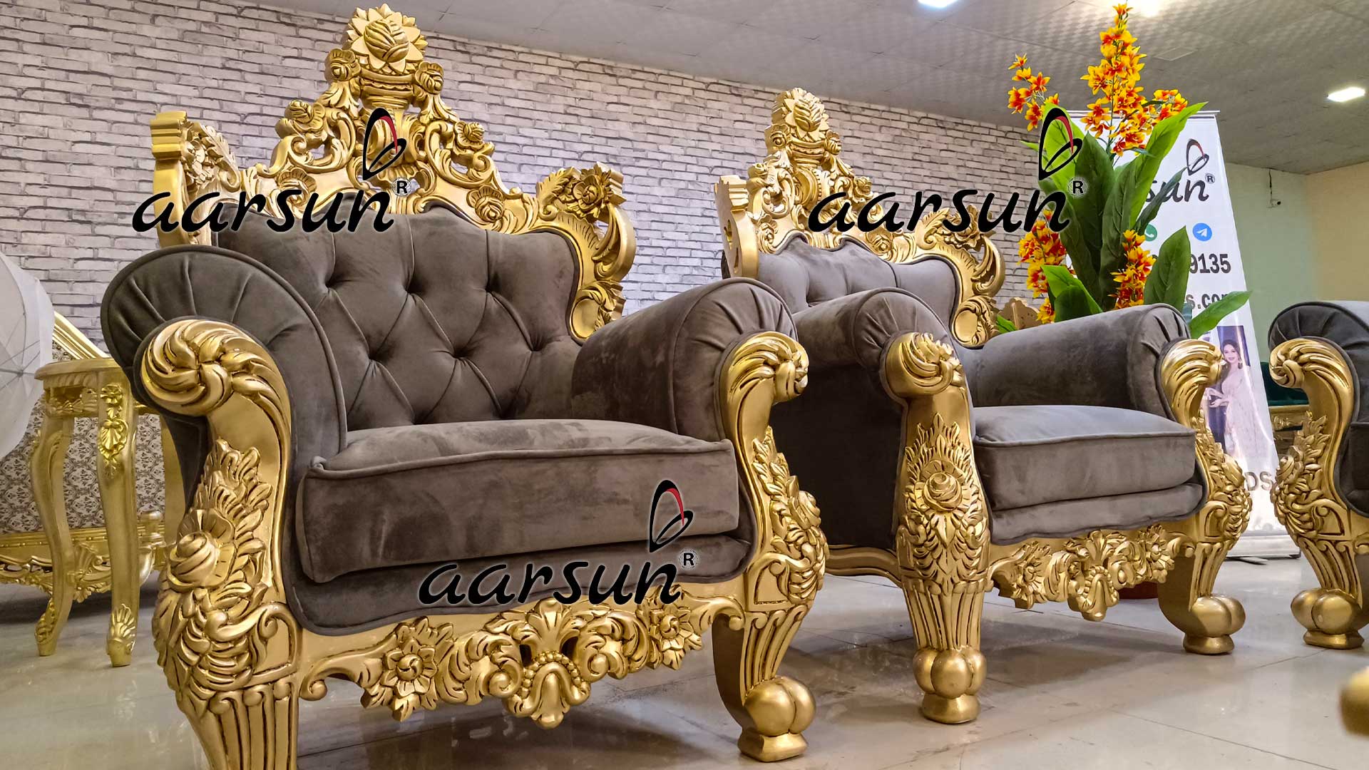 Sofa Ash Grey Fabric Gold Finish Best Price view 6