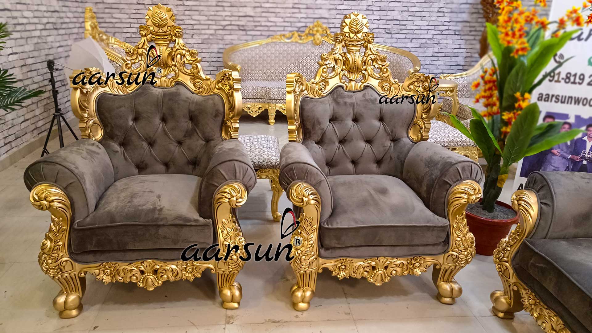 Sofa Ash Grey Fabric Gold Finish Best Price view 7