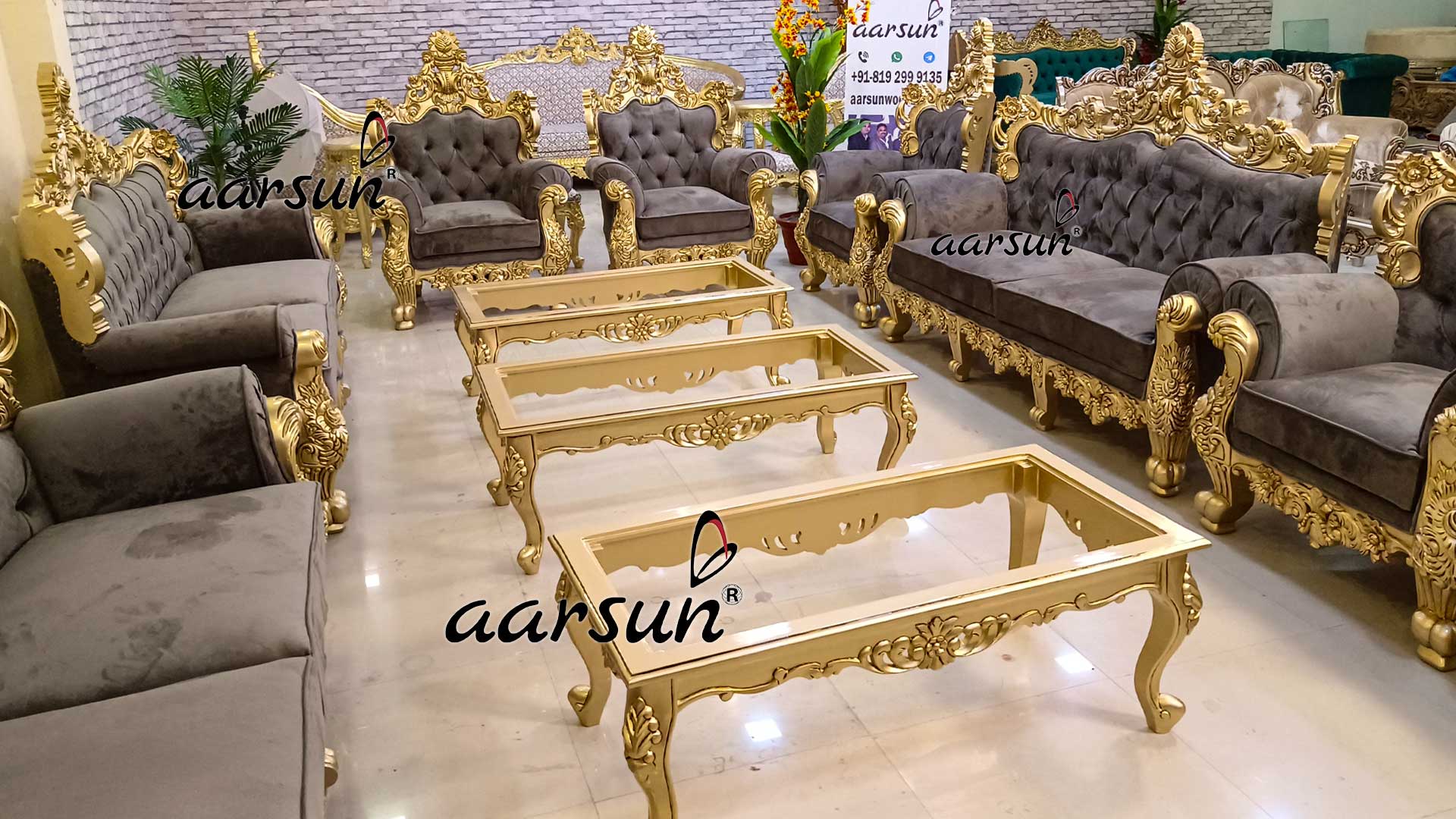 Sofa Ash Grey Fabric Gold Finish Best Price view 8